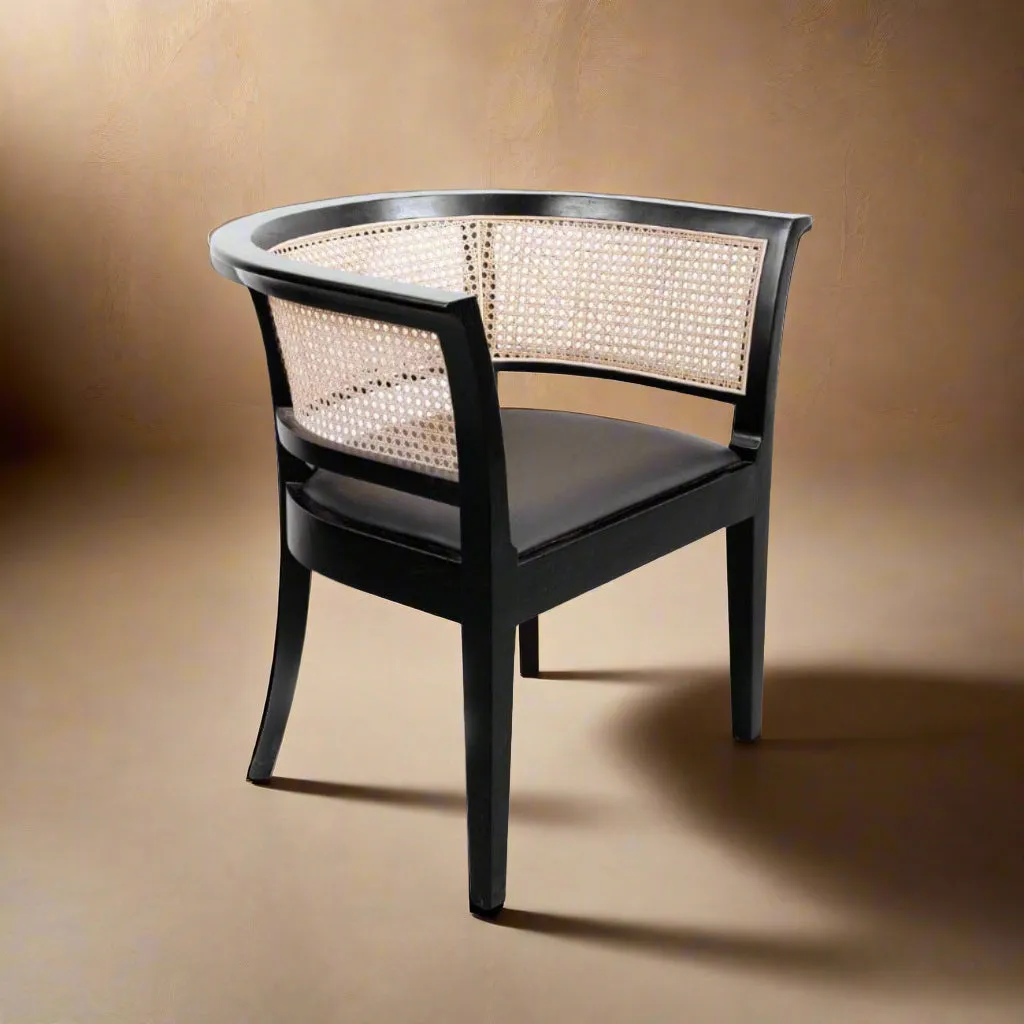 Aimee Cane Dining Armchair with Black Vegan Leather Seat