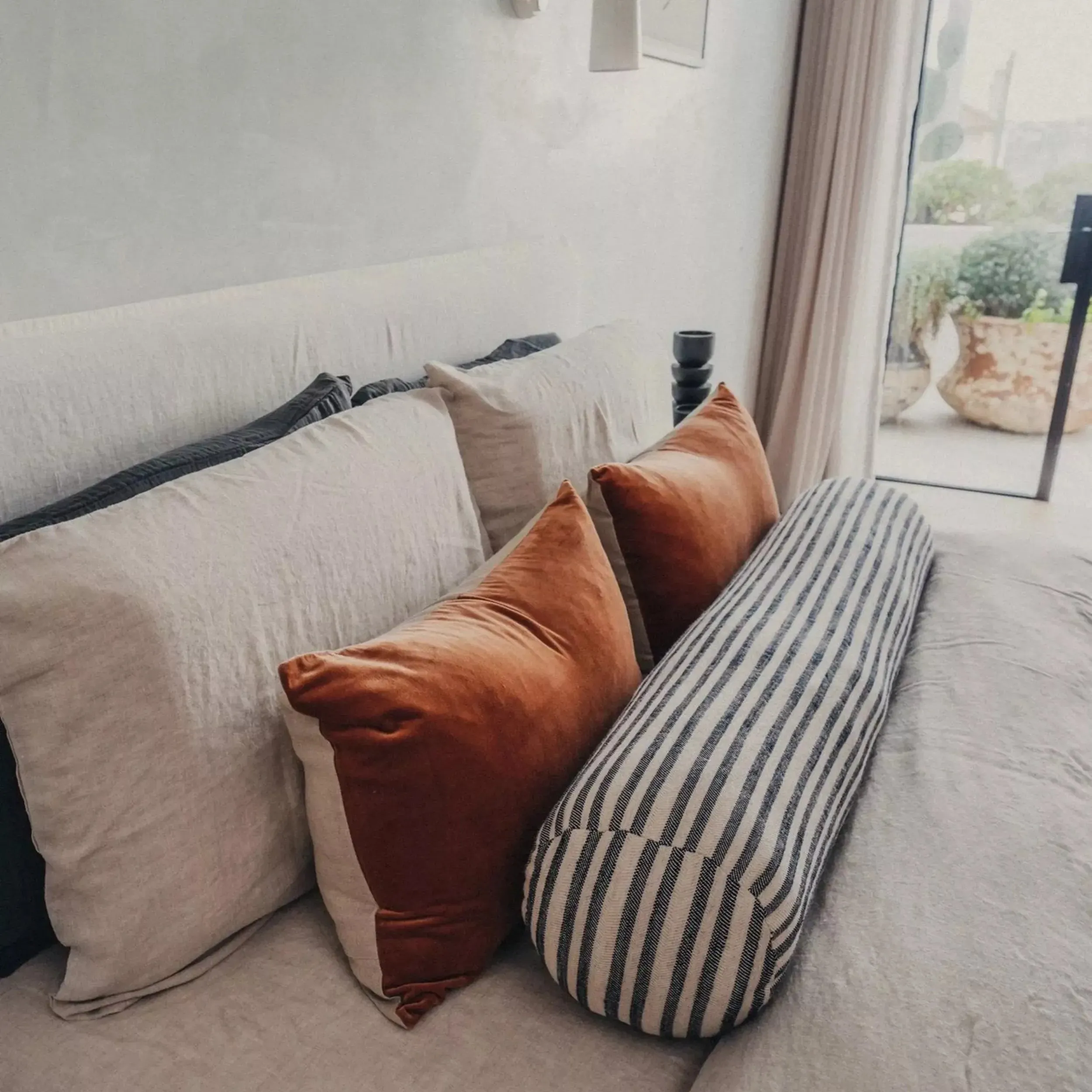 Linen/Velvet Bolster Cushion - Terracotta