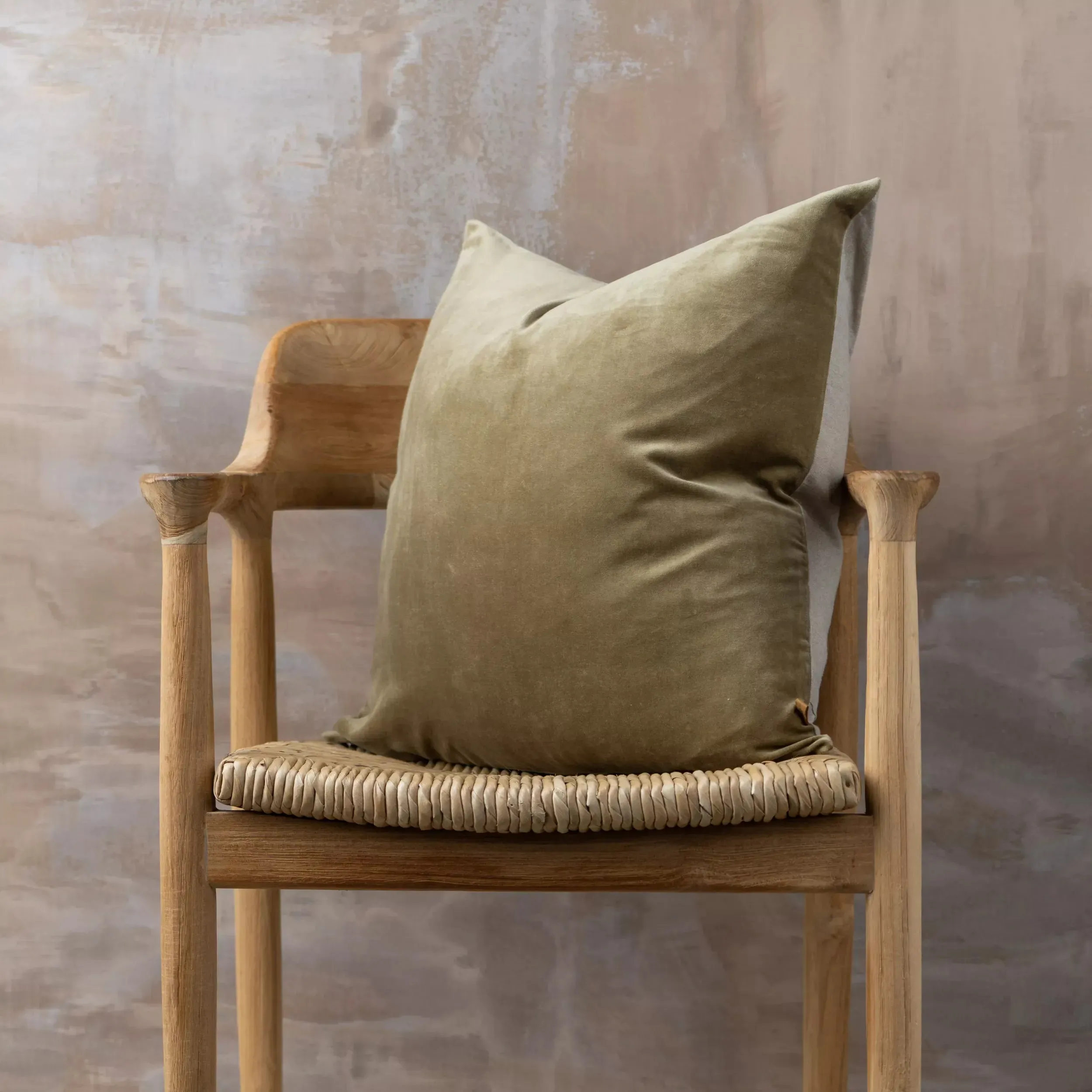 Linen/Velvet Square Cushion - Olive