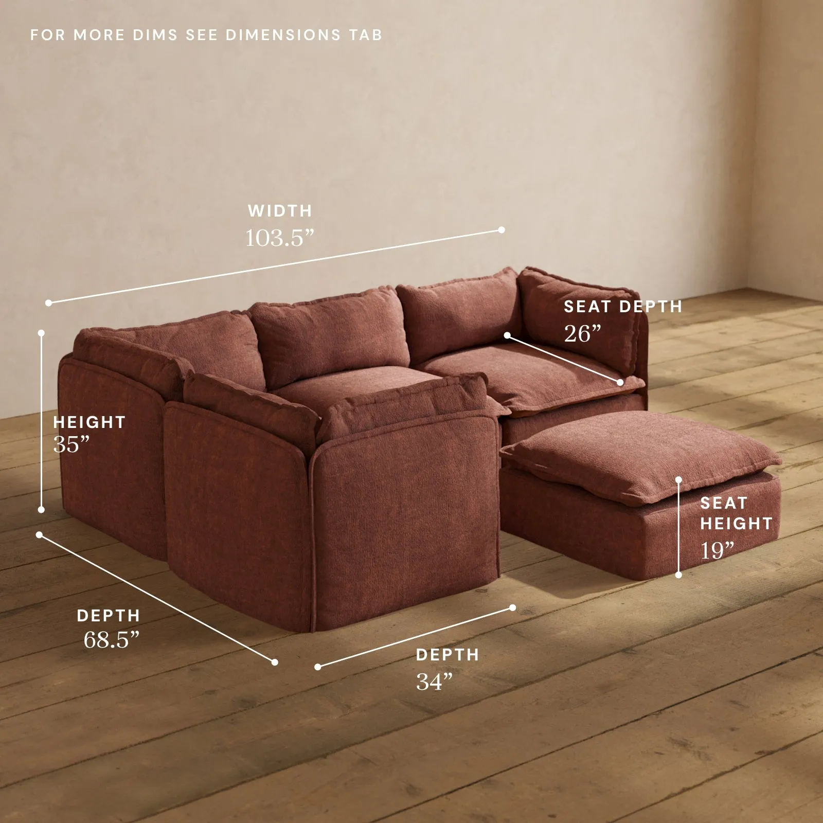 Modular Performance 4-Seater Corner Sectional   Ottoman in Chestnut | Relaxed Blend