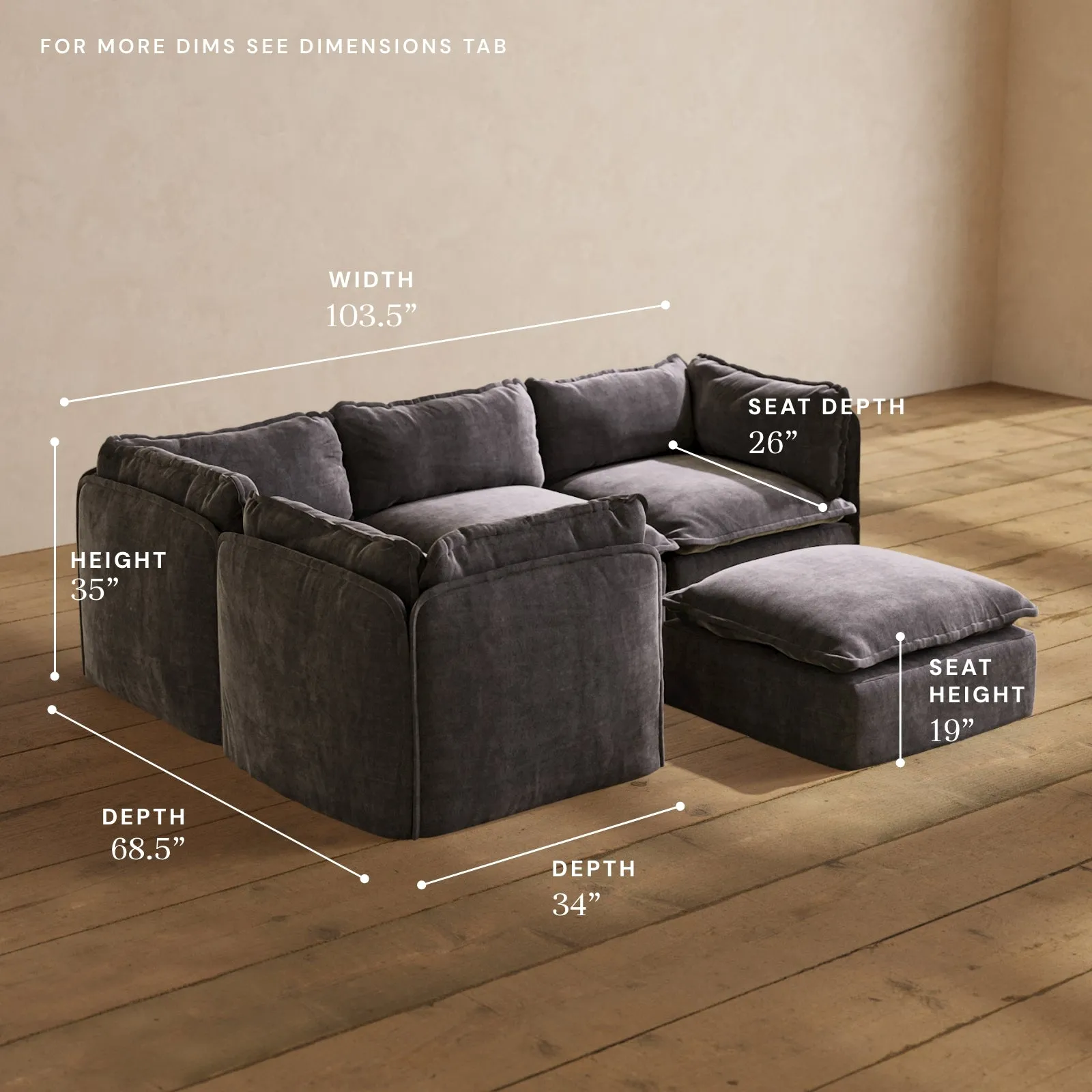 Modular Performance 4-Seater Corner Sectional   Ottoman in Cinder | Deluxe Blend