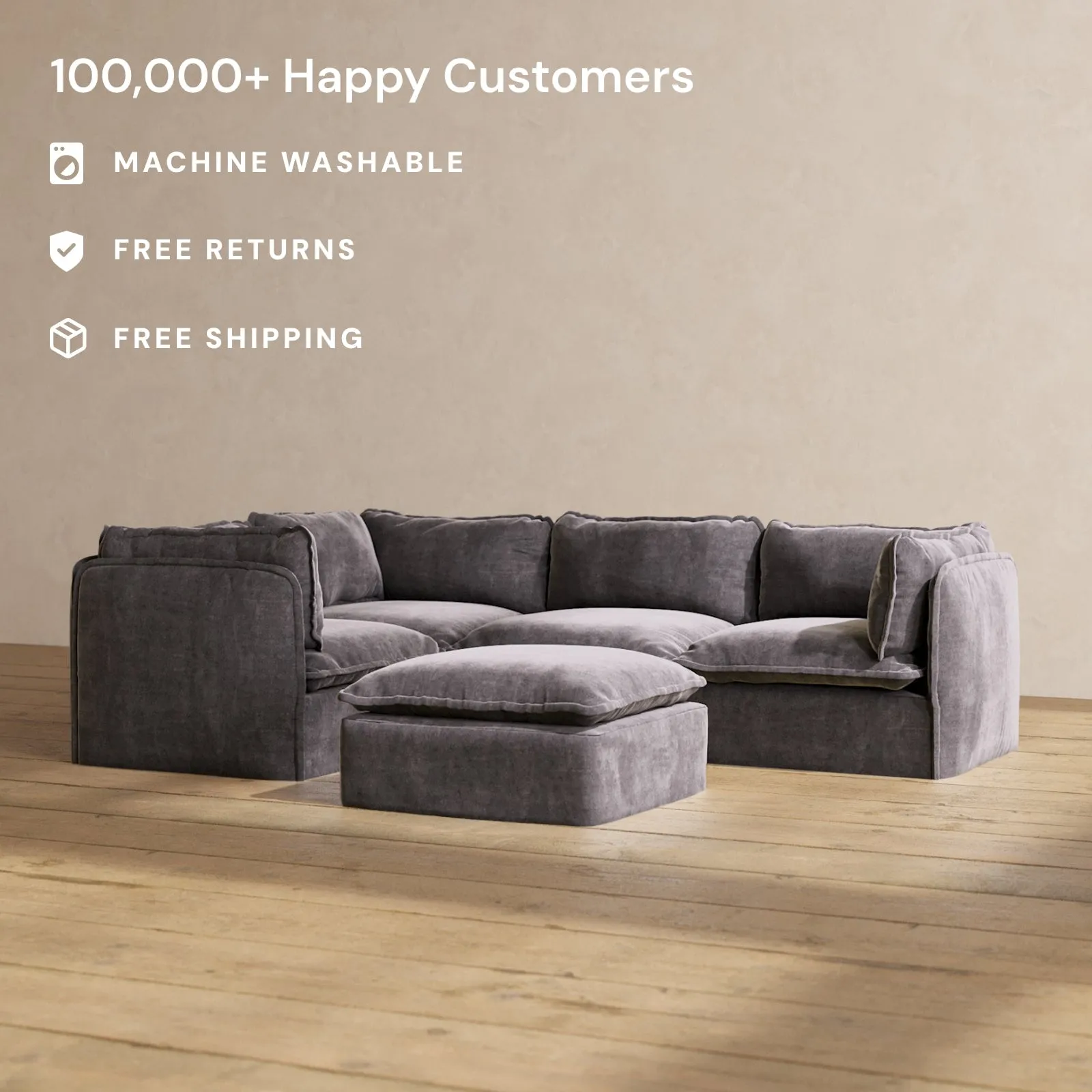 Modular Performance 4-Seater Corner Sectional   Ottoman in Cinder | Deluxe Blend