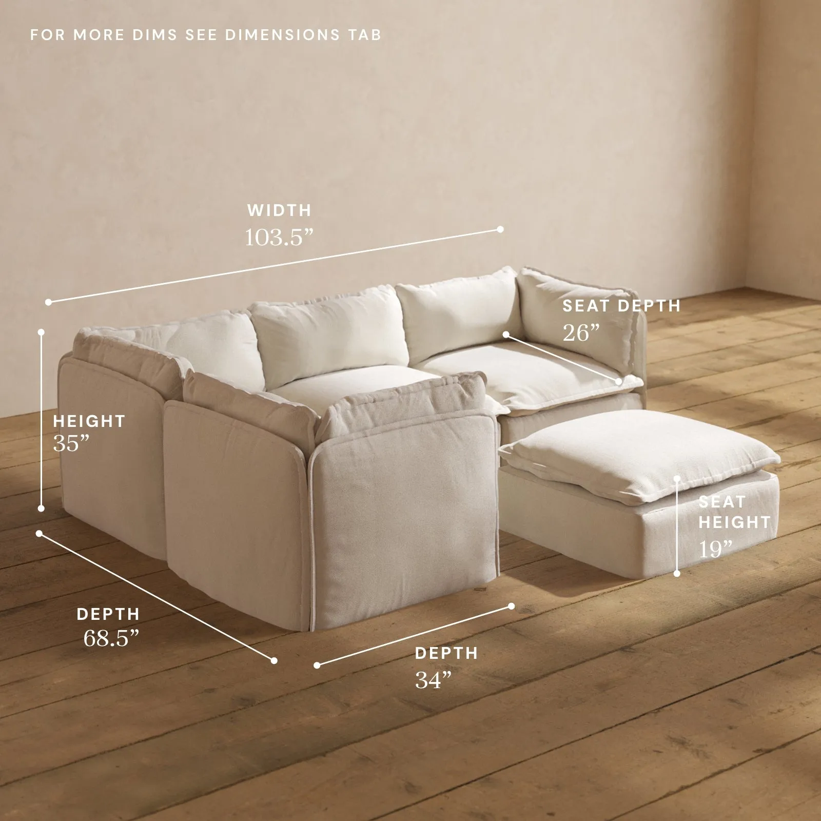 Modular Performance 4-Seater Corner Sectional   Ottoman in Flour | Relaxed Blend