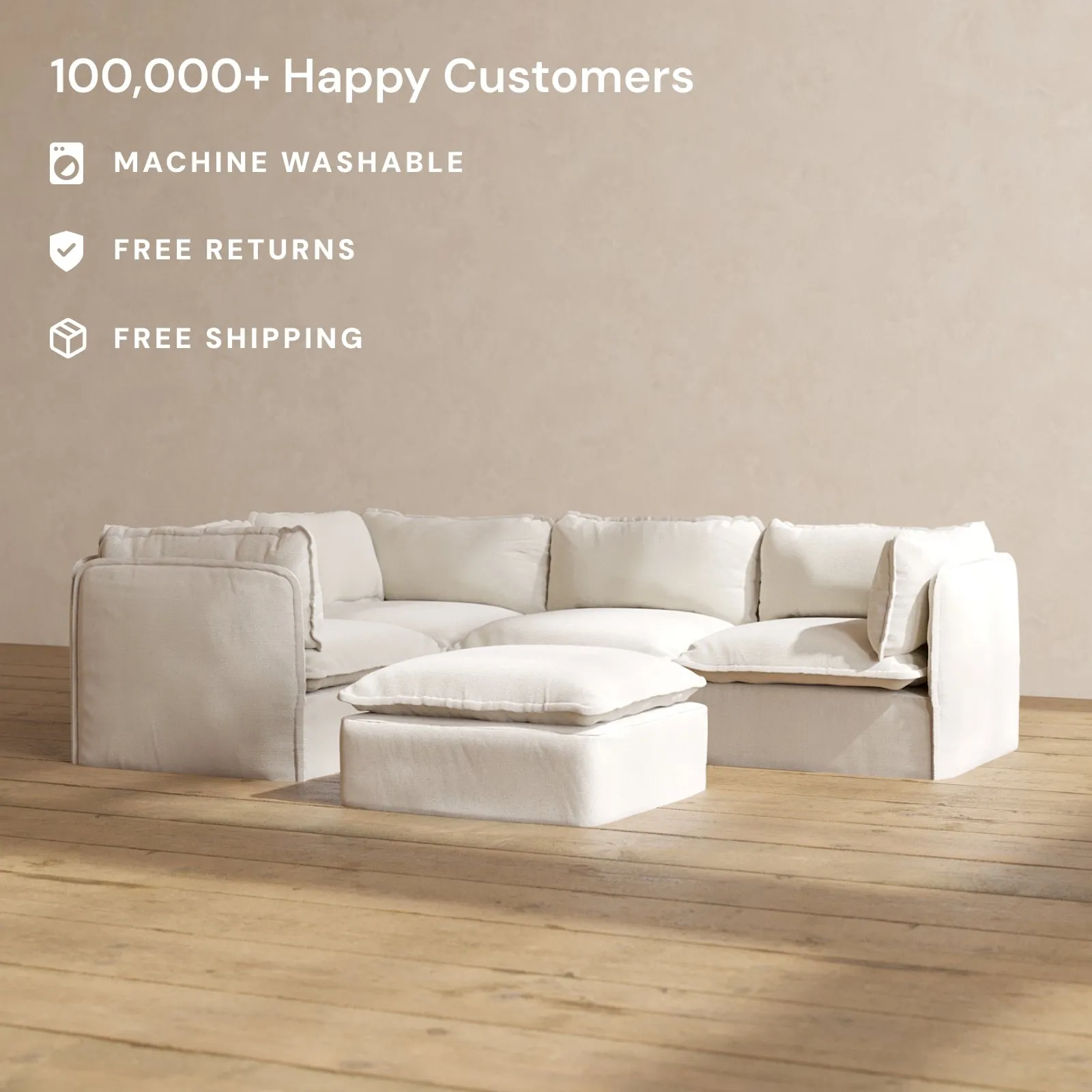 Modular Performance 4-Seater Corner Sectional   Ottoman in Flour | Relaxed Blend