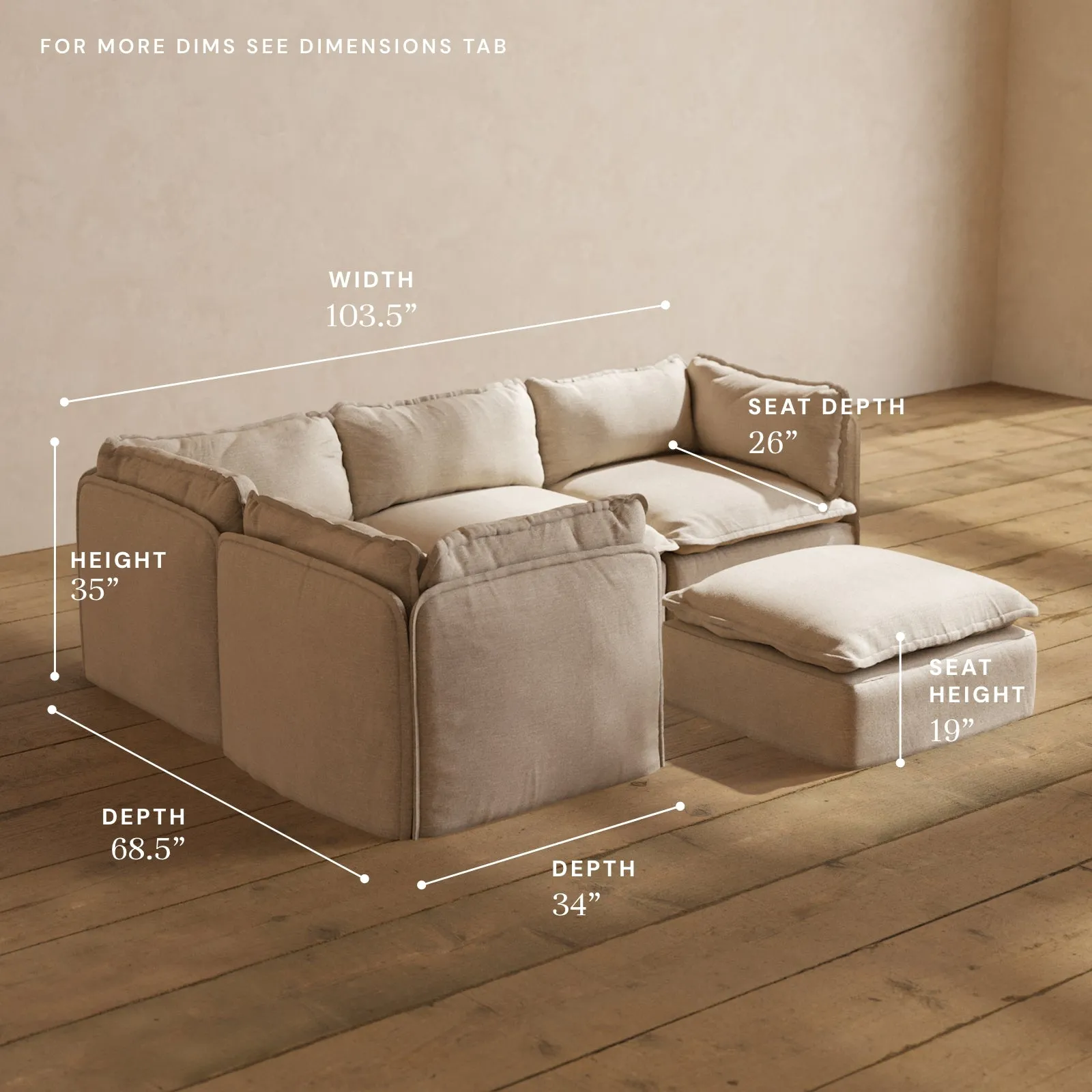 Modular Performance 4-Seater Corner Sectional   Ottoman in Oat | Relaxed Blend