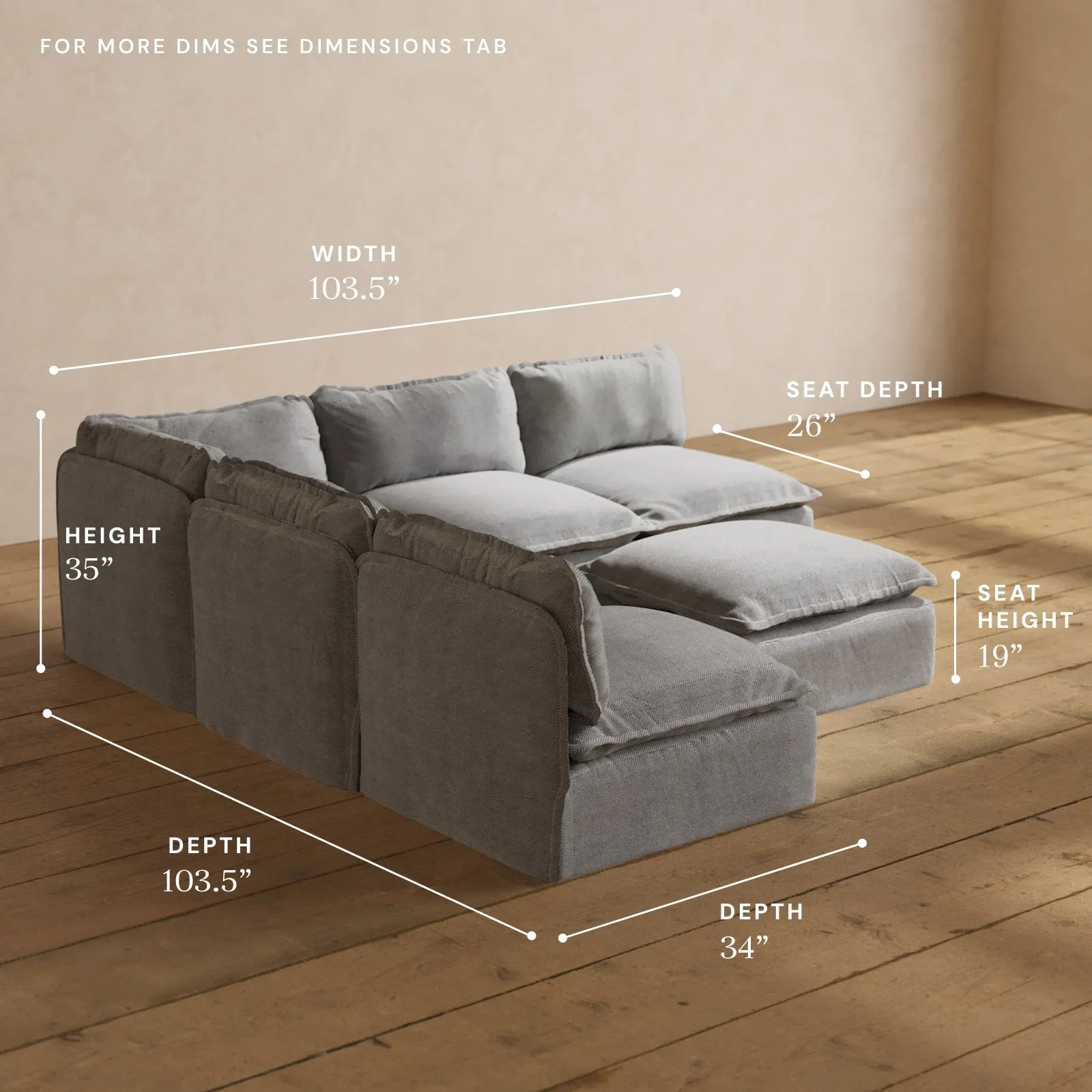 Modular Performance 5-Seater Open-Ends Corner Sectional   Ottoman in Ash | Deluxe Blend