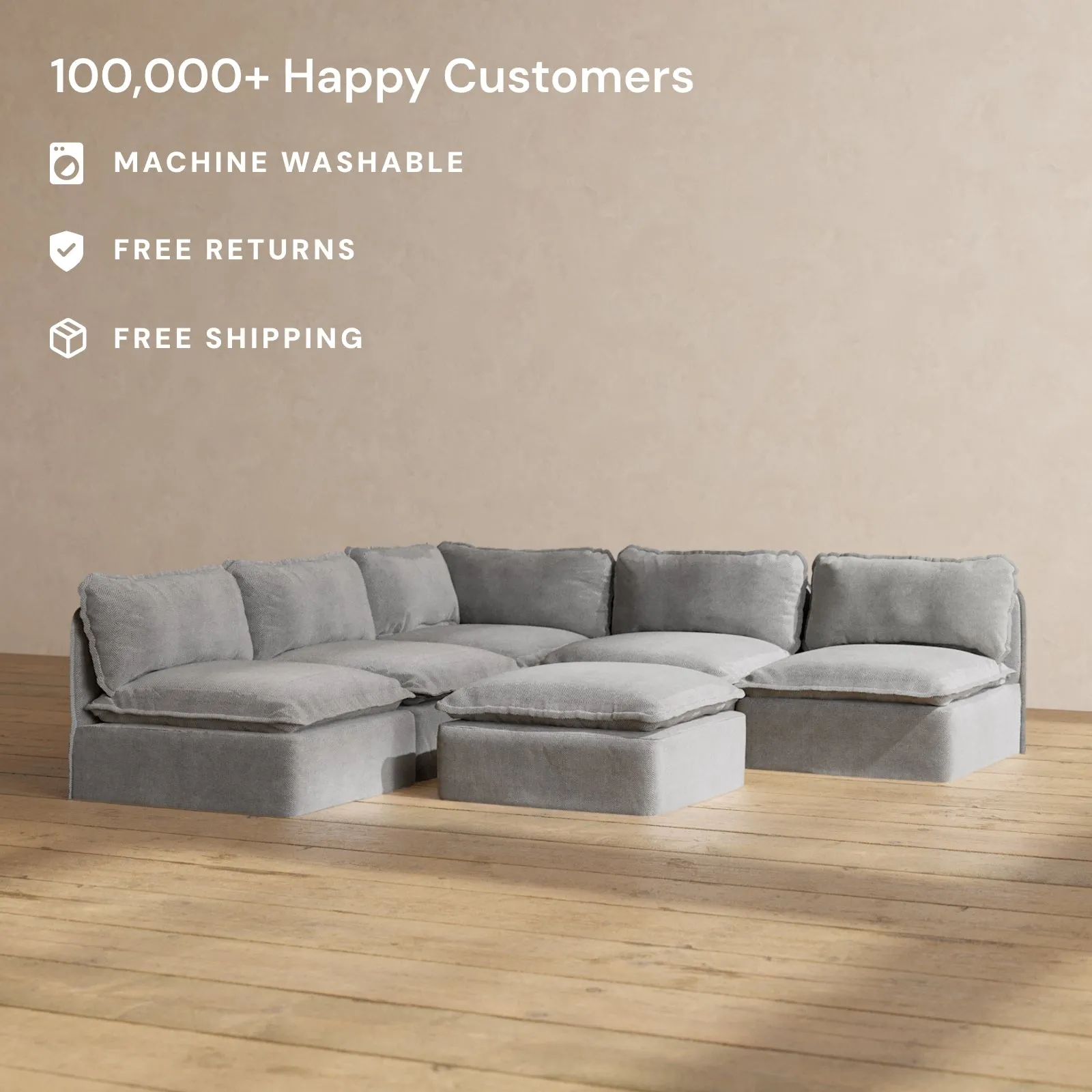 Modular Performance 5-Seater Open-Ends Corner Sectional   Ottoman in Ash | Deluxe Blend