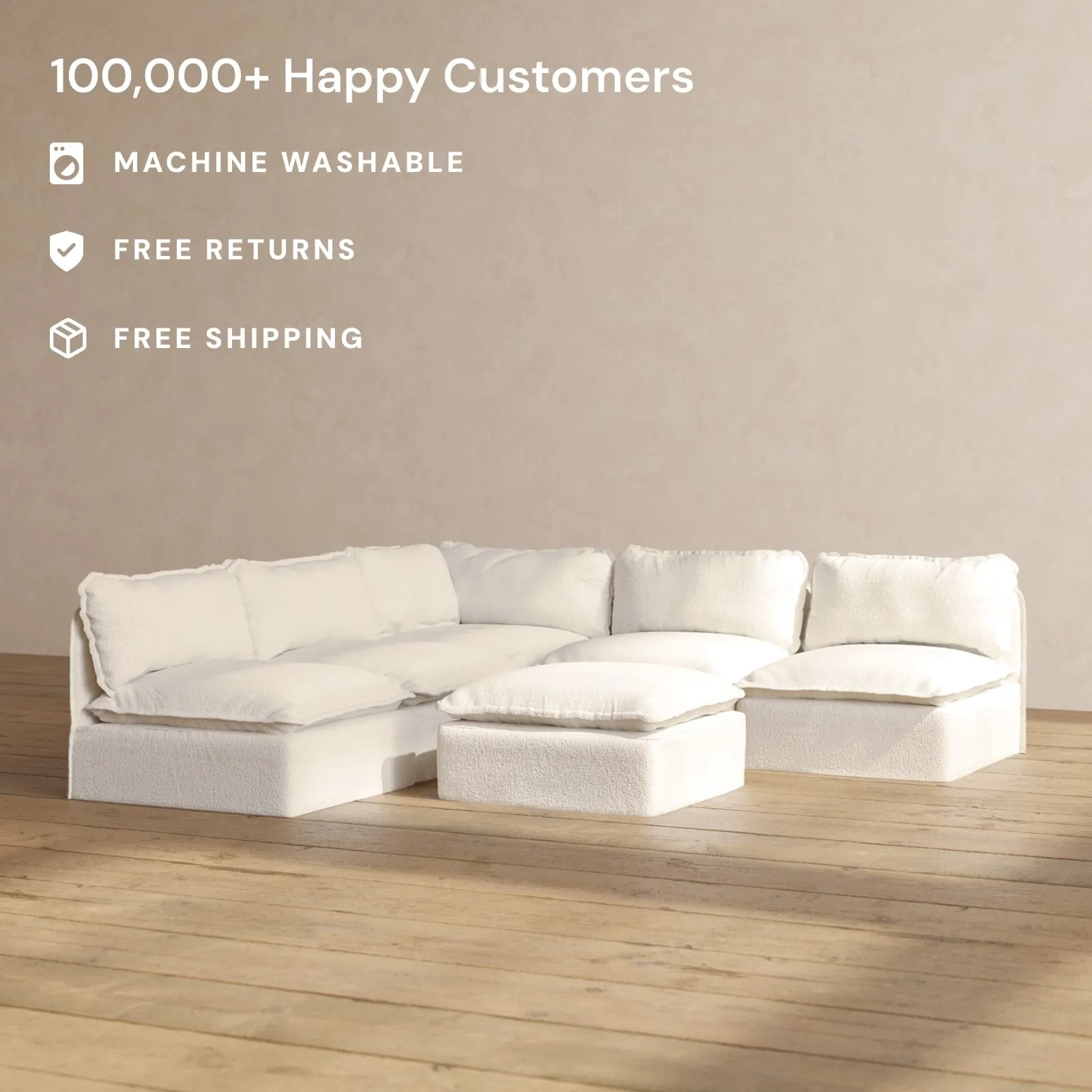 Modular Performance 5-Seater Open-Ends Corner Sectional   Ottoman in Mousse | Deluxe Blend