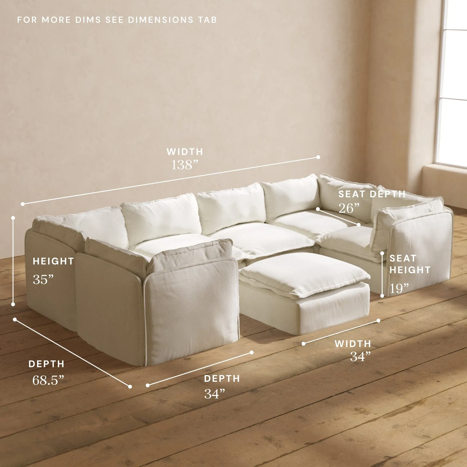 Modular Performance 6-Seater U-Sectional   Ottoman in Eggshell | Relaxed Blend