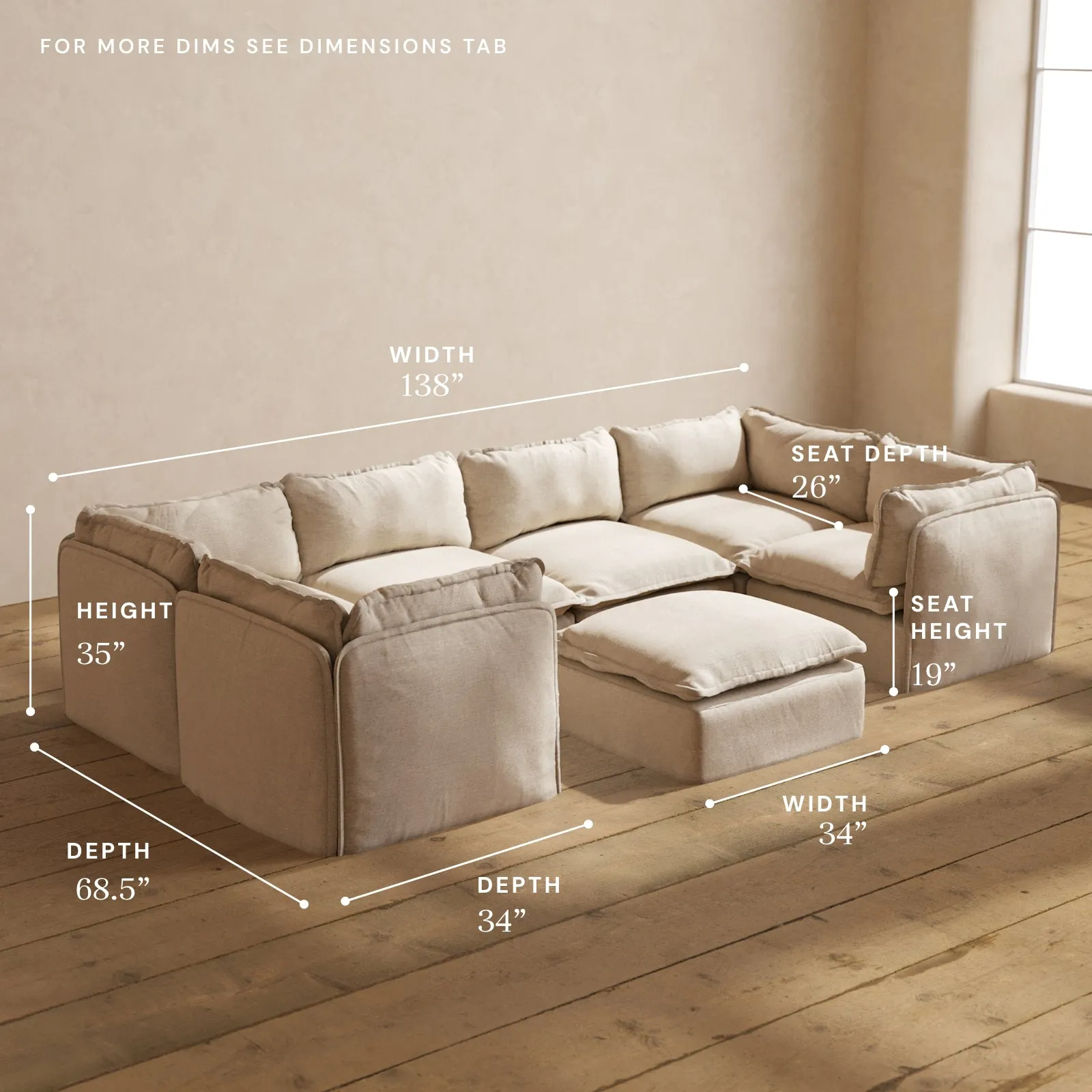 Modular Performance 6-Seater U-Sectional   Ottoman in Oat | Deluxe Blend