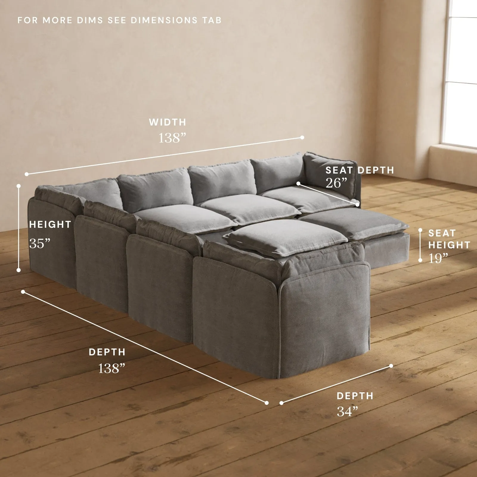 Modular Performance 7-Seater Corner Sectional   Bench Ottoman in Ash | Deluxe Blend