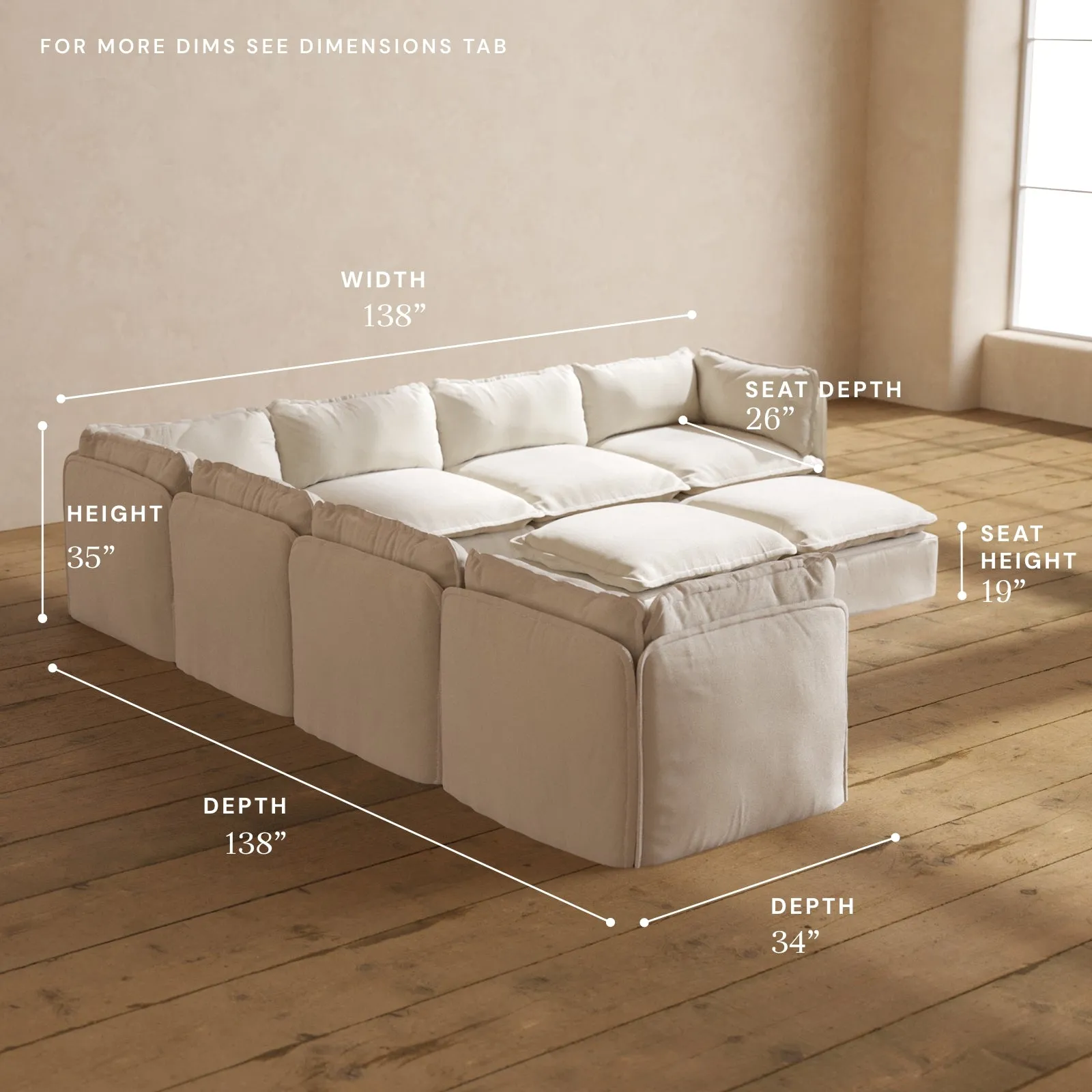 Modular Performance 7-Seater Corner Sectional   Bench Ottoman in Flour | Relaxed Blend