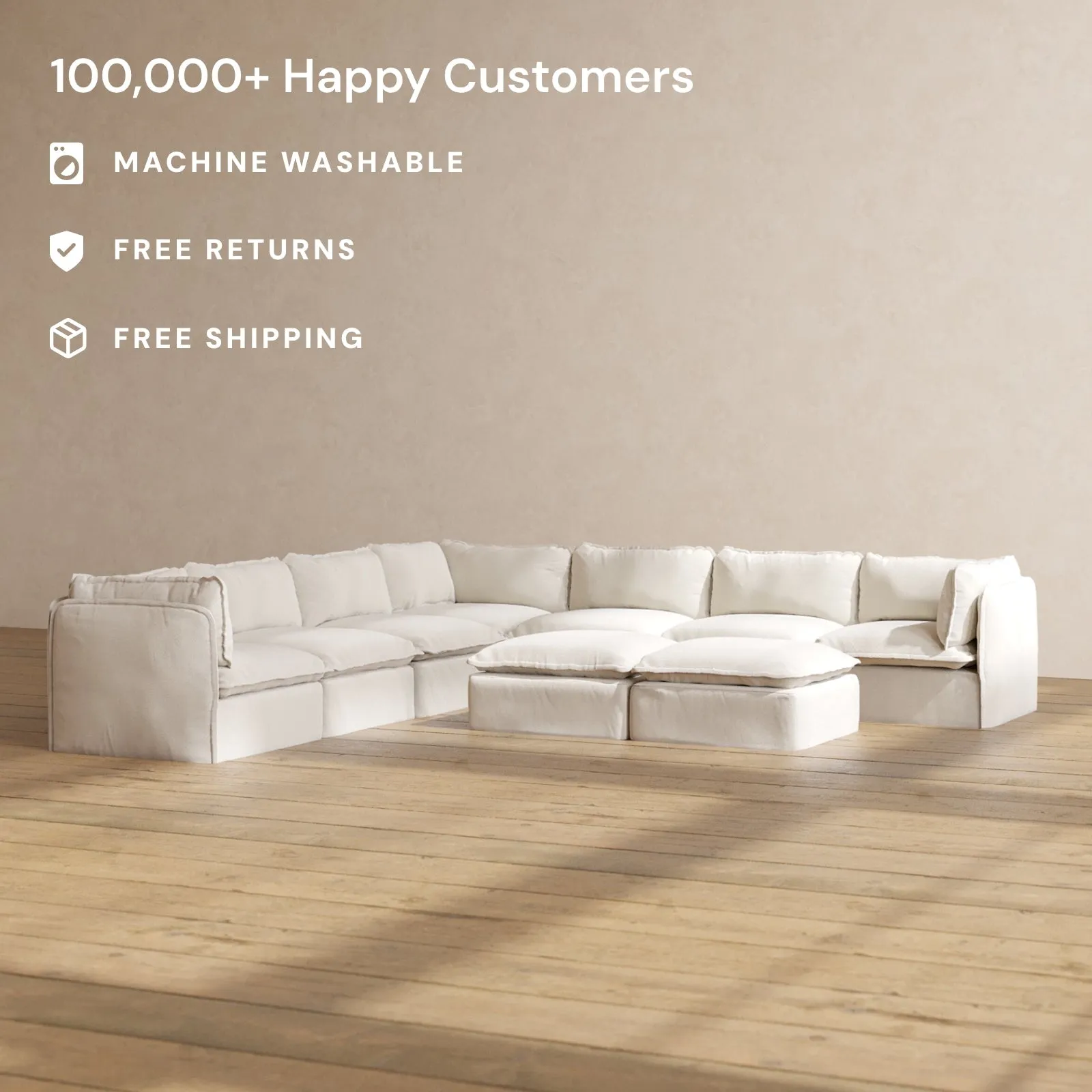 Modular Performance 7-Seater Corner Sectional   Bench Ottoman in Flour | Relaxed Blend