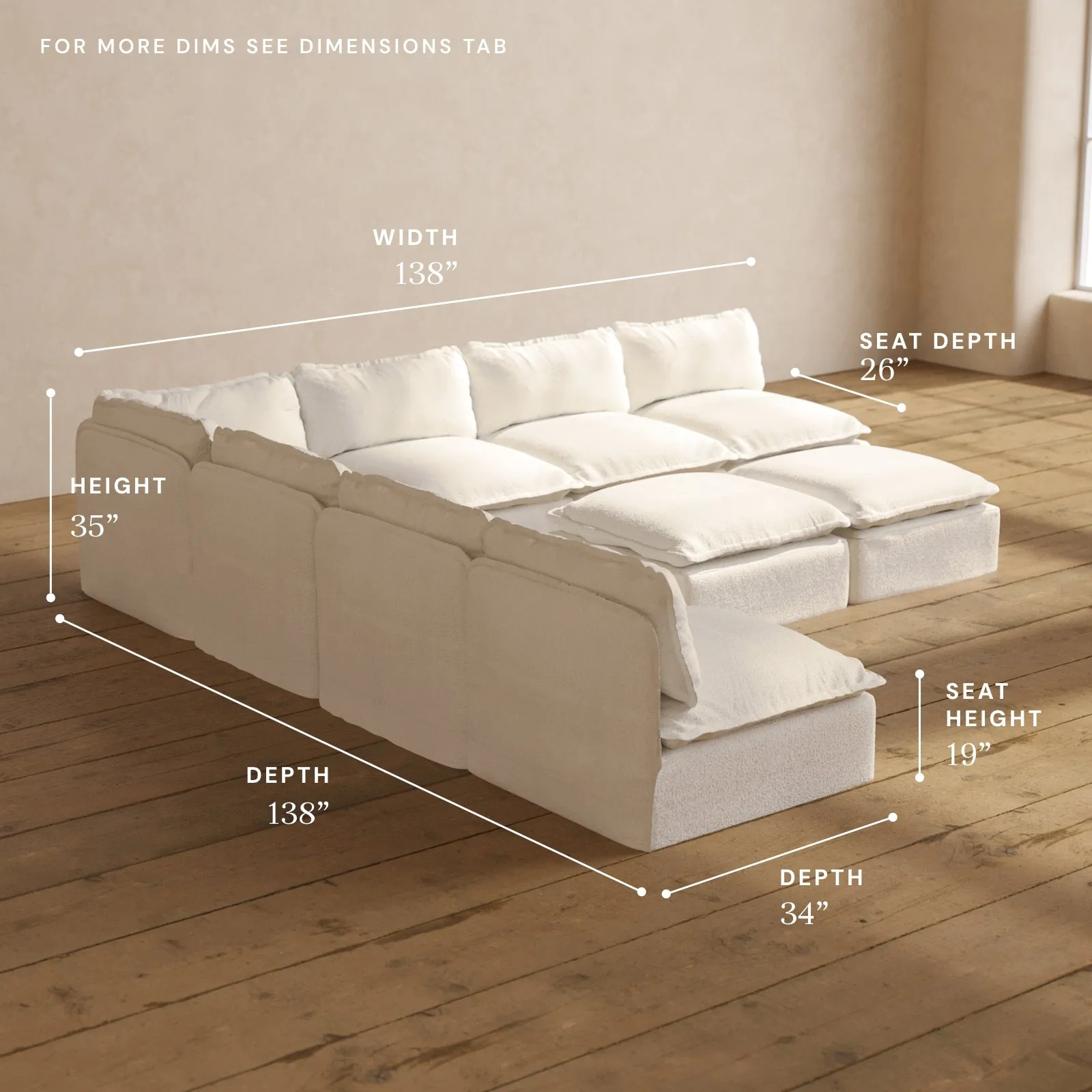 Modular Performance 7-Seater Open-Ends Corner Sectional   Bench Ottoman in Mousse | Deluxe Blend