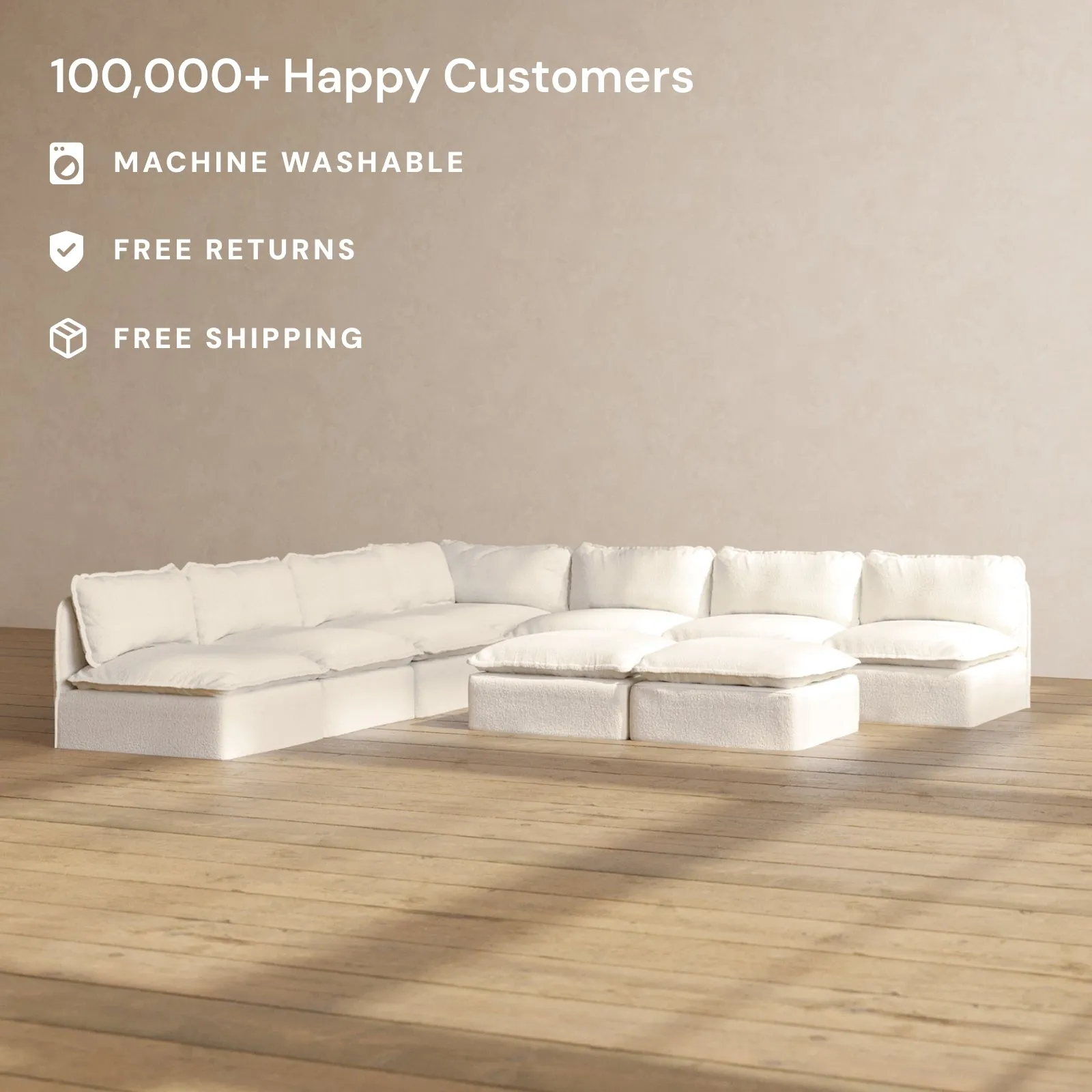 Modular Performance 7-Seater Open-Ends Corner Sectional   Bench Ottoman in Mousse | Deluxe Blend