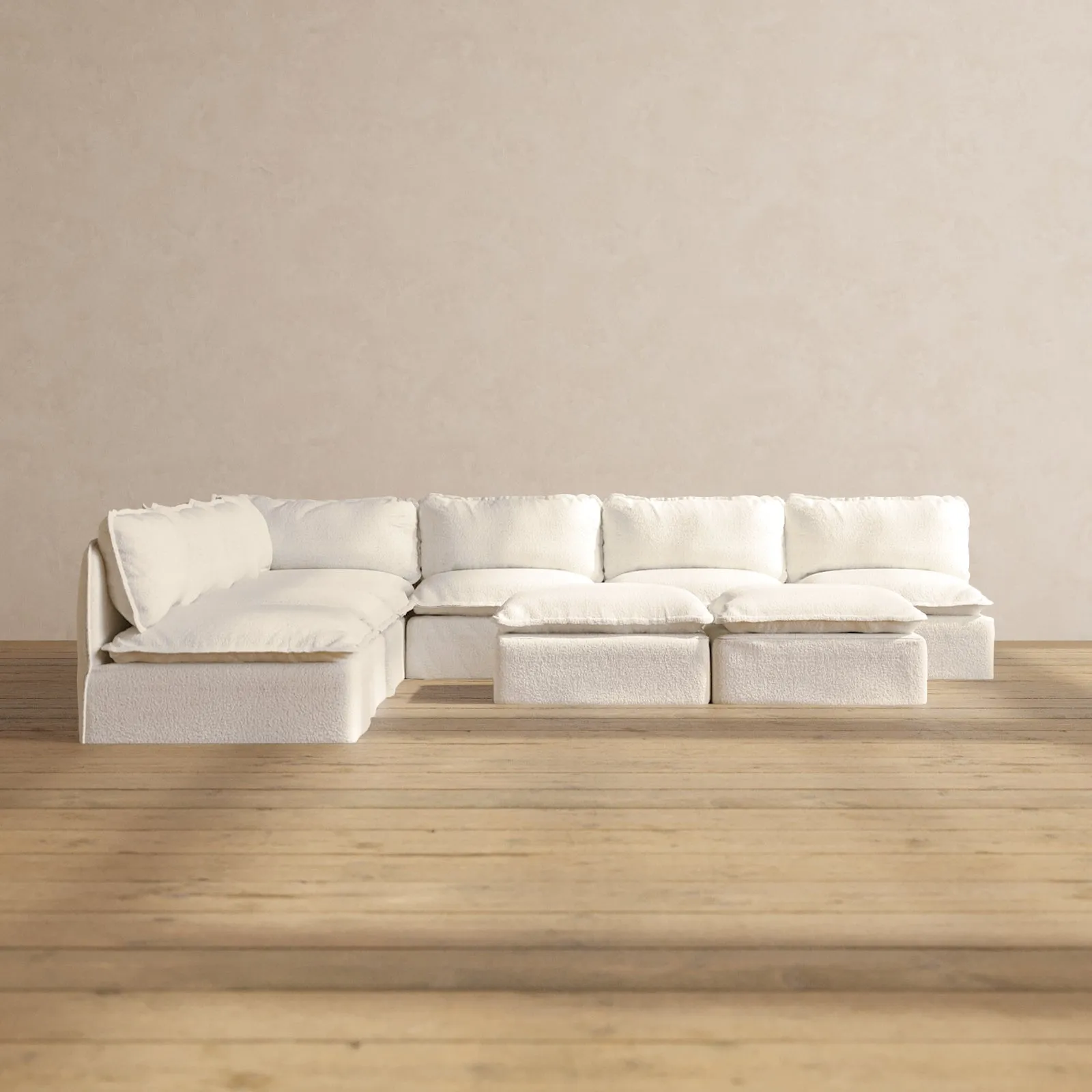 Modular Performance 7-Seater Open-Ends Corner Sectional   Bench Ottoman in Mousse | Deluxe Blend