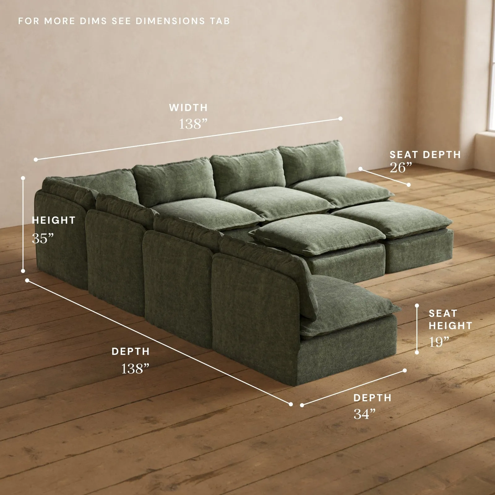 Modular Performance 7-Seater Open-Ends Corner Sectional   Bench Ottoman in Willow | Relaxed Blend