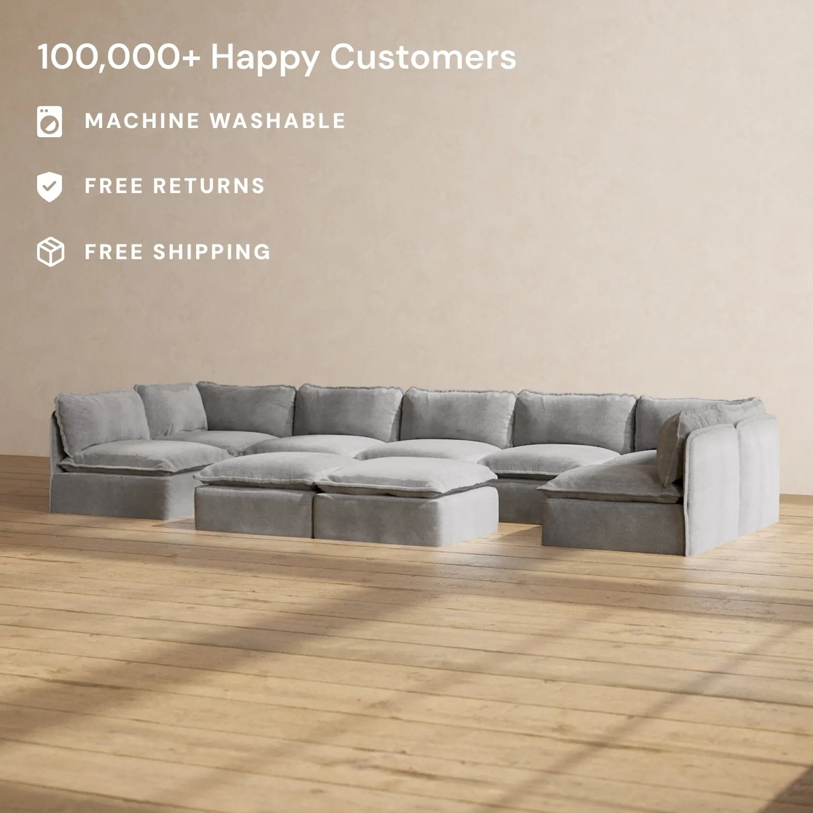 Modular Performance 7-Seater Open-Ends U-Sectional   Bench Ottoman in Ash | Deluxe Blend