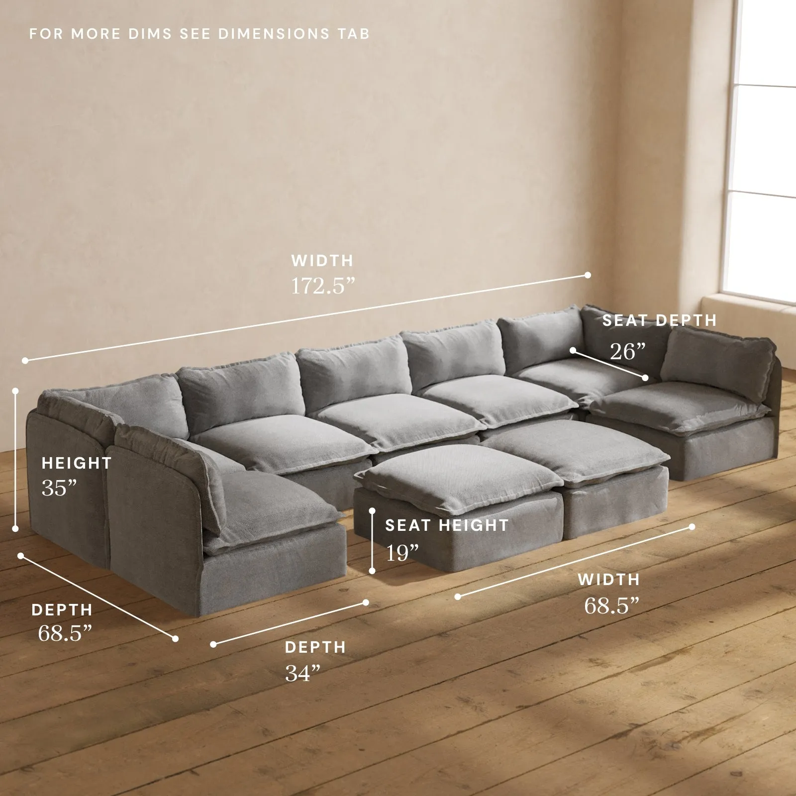 Modular Performance 7-Seater Open-Ends U-Sectional   Bench Ottoman in Ash | Deluxe Blend