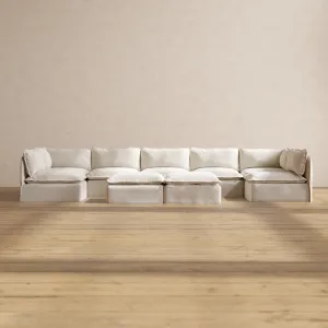 Modular Performance 7-Seater Open-Ends U-Sectional   Bench Ottoman in Flour | Relaxed Blend