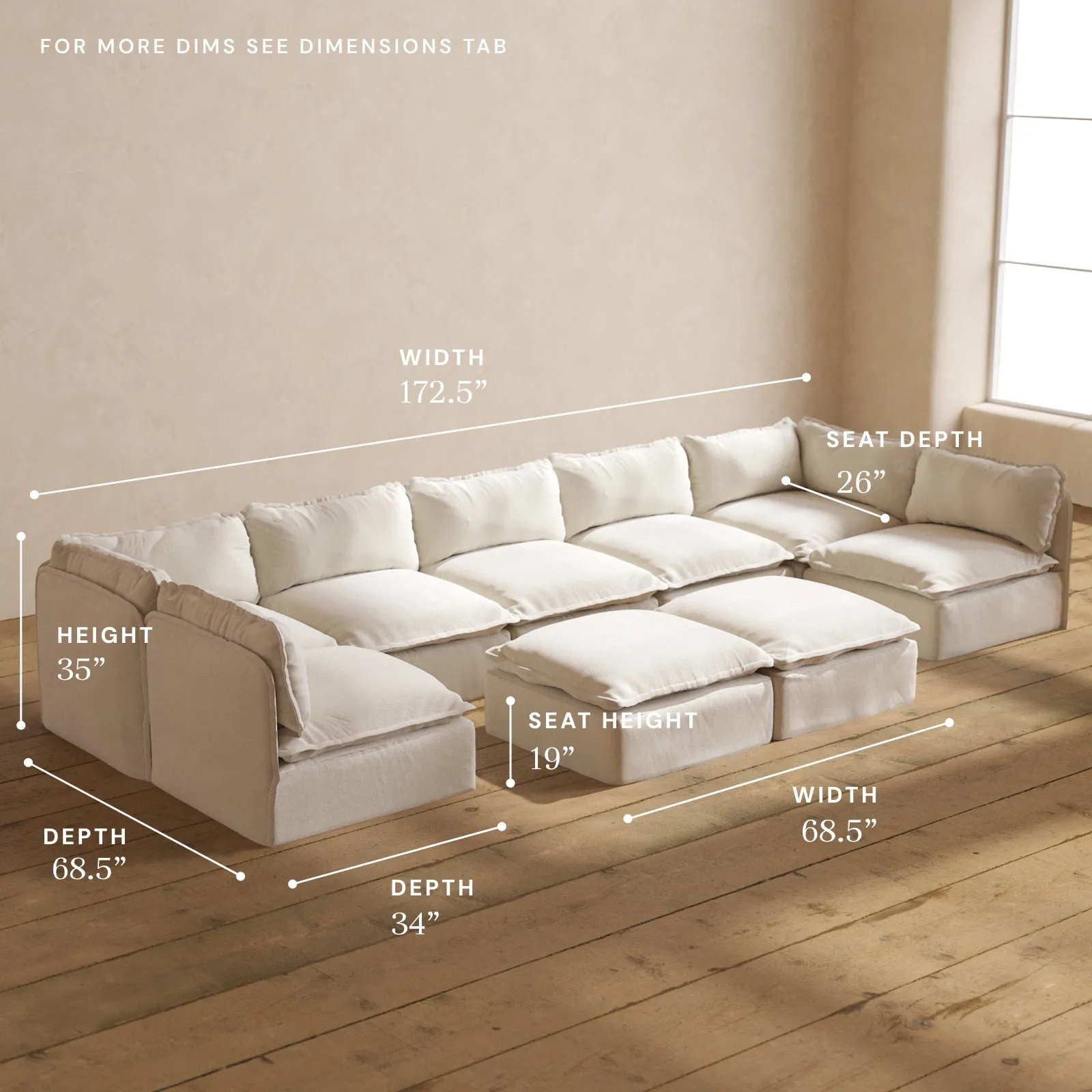 Modular Performance 7-Seater Open-Ends U-Sectional   Bench Ottoman in Flour | Relaxed Blend