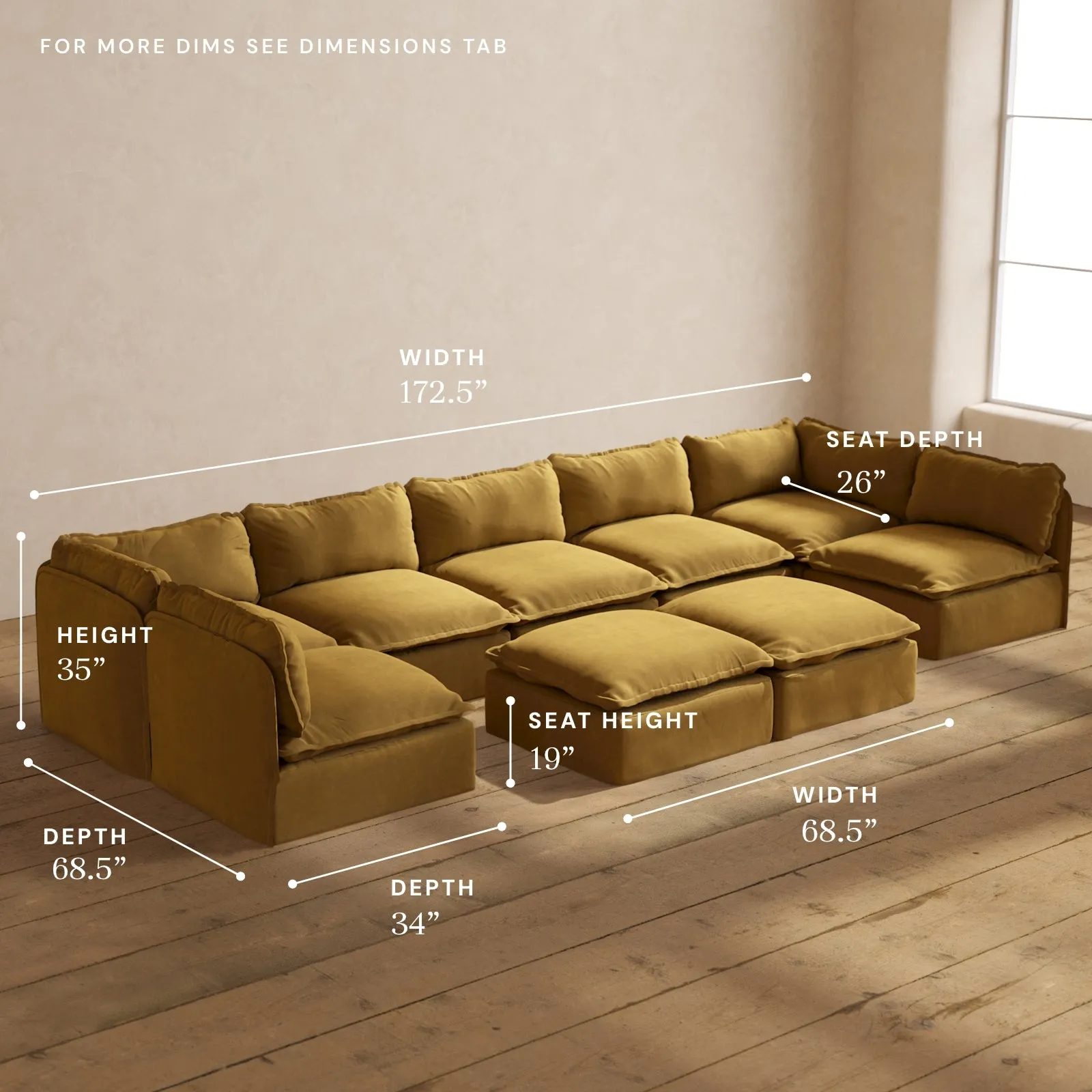 Modular Performance 7-Seater Open-Ends U-Sectional   Bench Ottoman in Toffee | Relaxed Blend