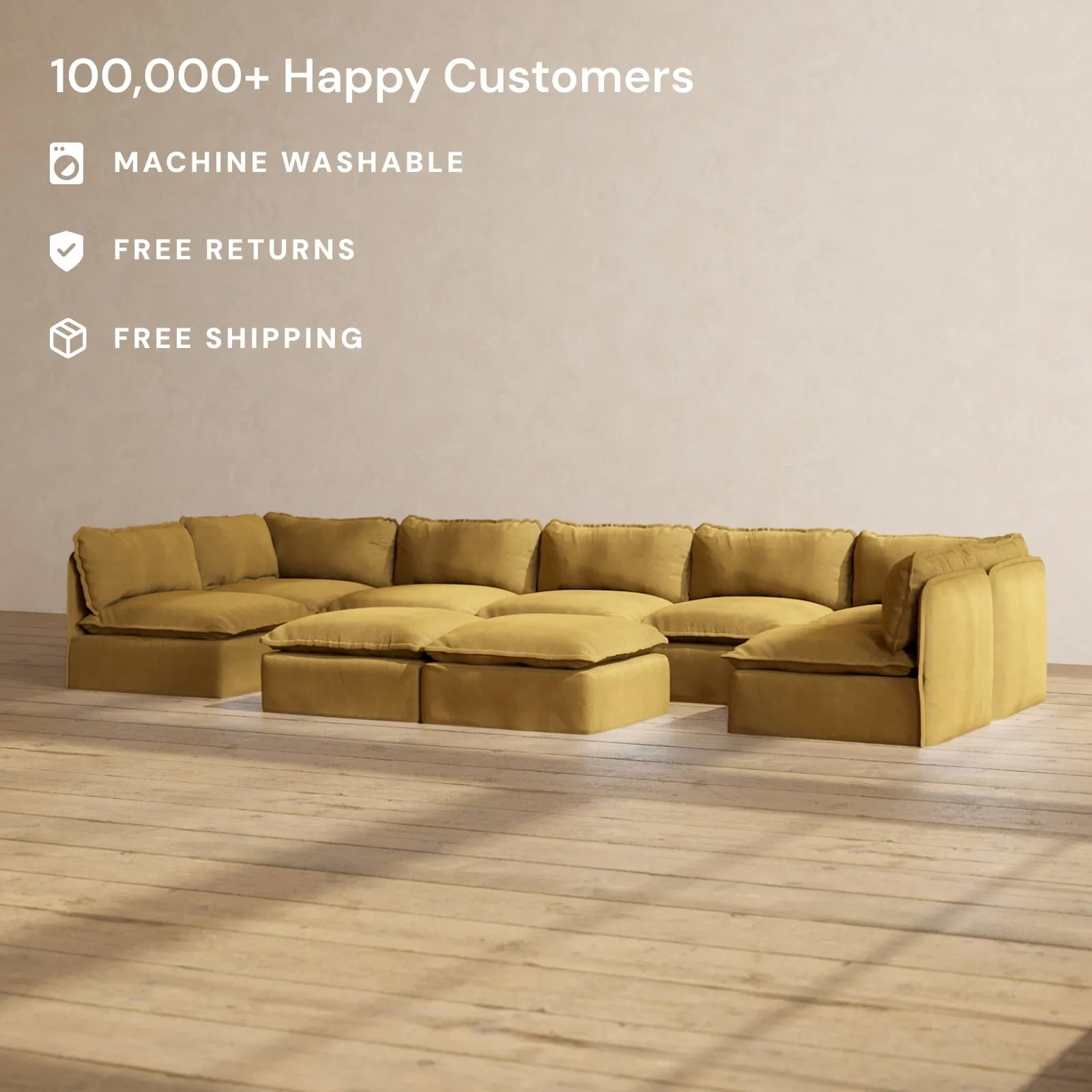Modular Performance 7-Seater Open-Ends U-Sectional   Bench Ottoman in Toffee | Relaxed Blend