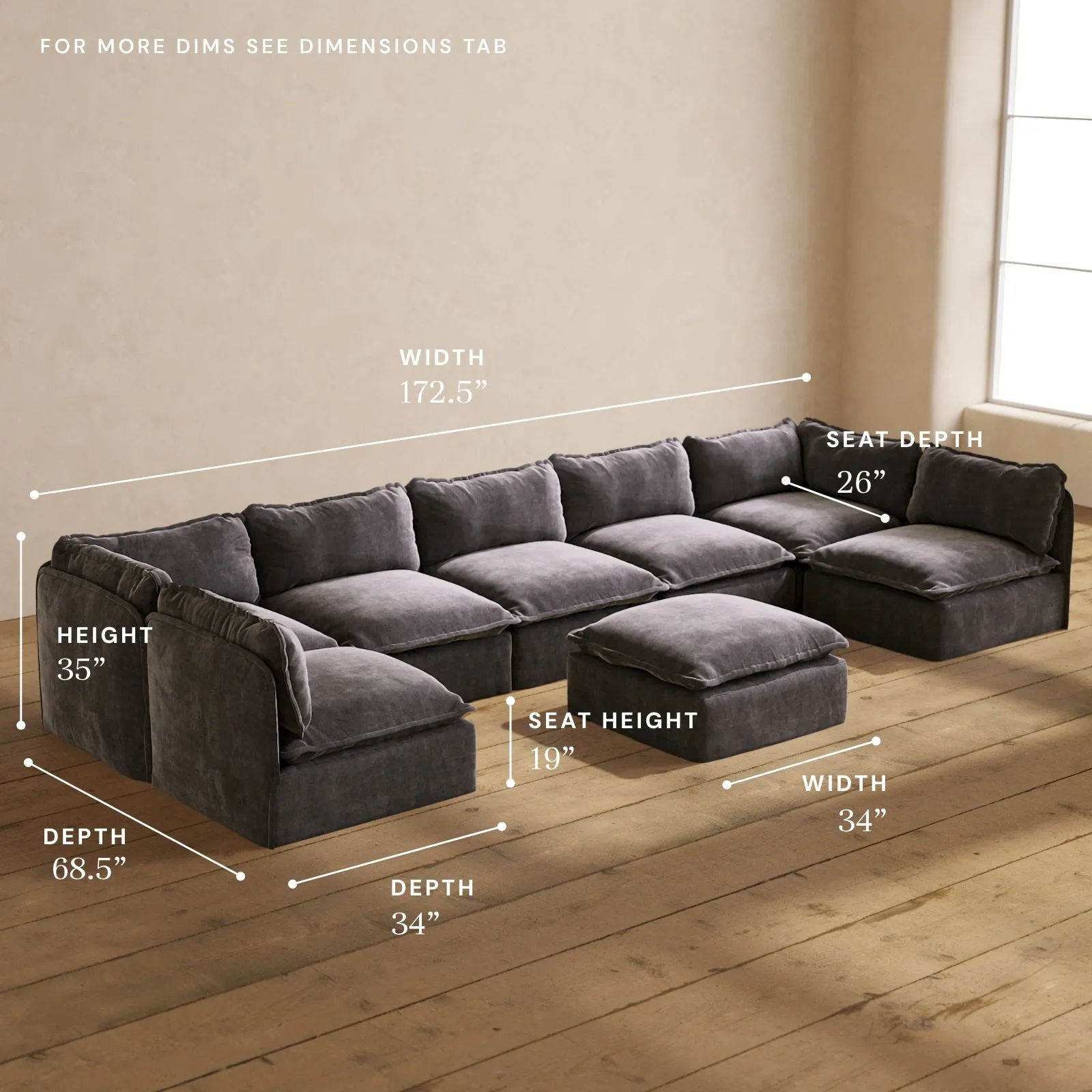Modular Performance 7-Seater Open-Ends U-Sectional   Ottoman in Cinder | Deluxe Blend