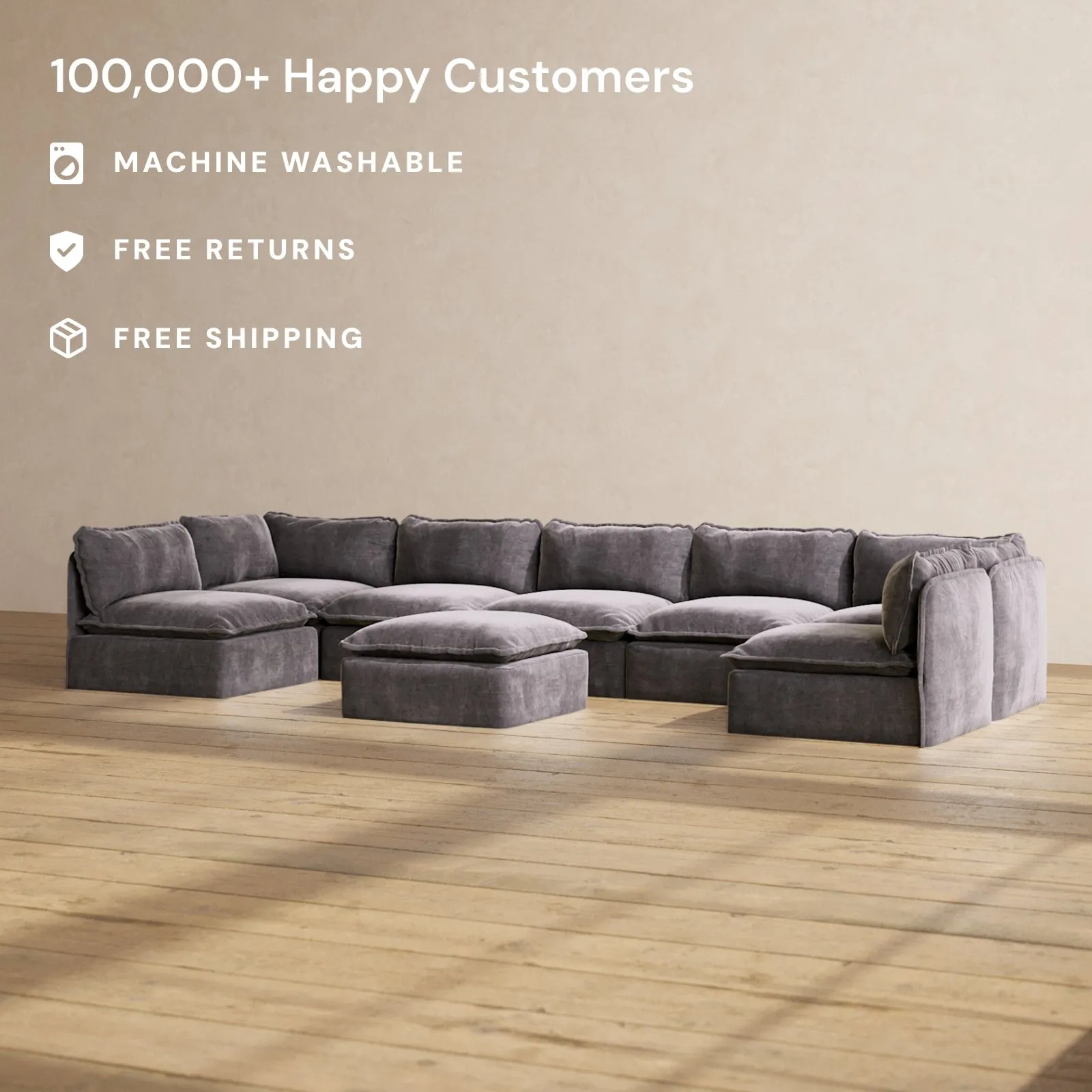 Modular Performance 7-Seater Open-Ends U-Sectional   Ottoman in Cinder | Deluxe Blend