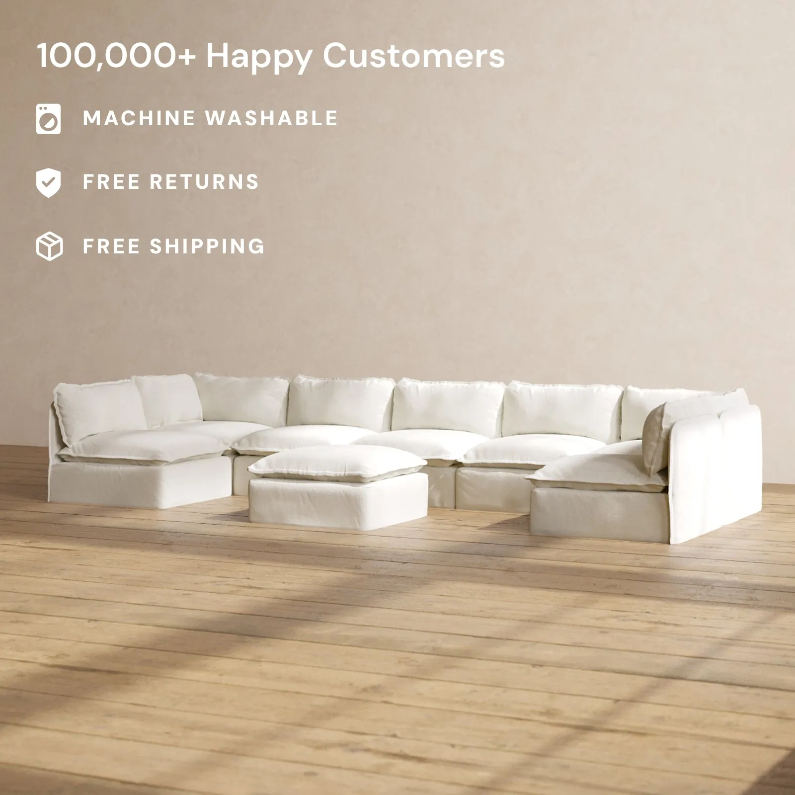 Modular Performance 7-Seater Open-Ends U-Sectional   Ottoman in Eggshell | Relaxed Blend