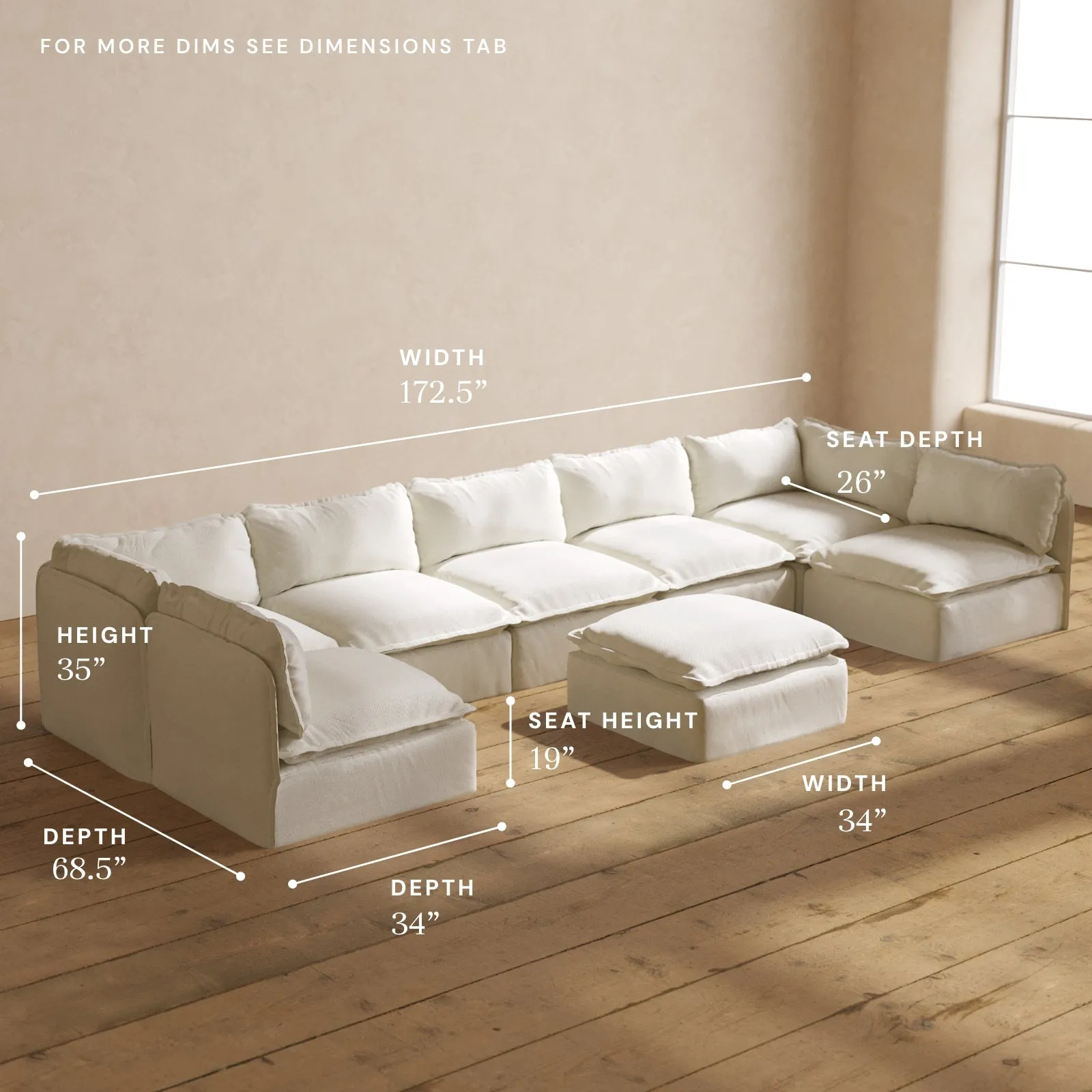 Modular Performance 7-Seater Open-Ends U-Sectional   Ottoman in Eggshell | Relaxed Blend