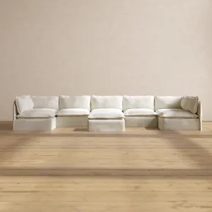 Modular Performance 7-Seater Open-Ends U-Sectional   Ottoman in Eggshell | Relaxed Blend