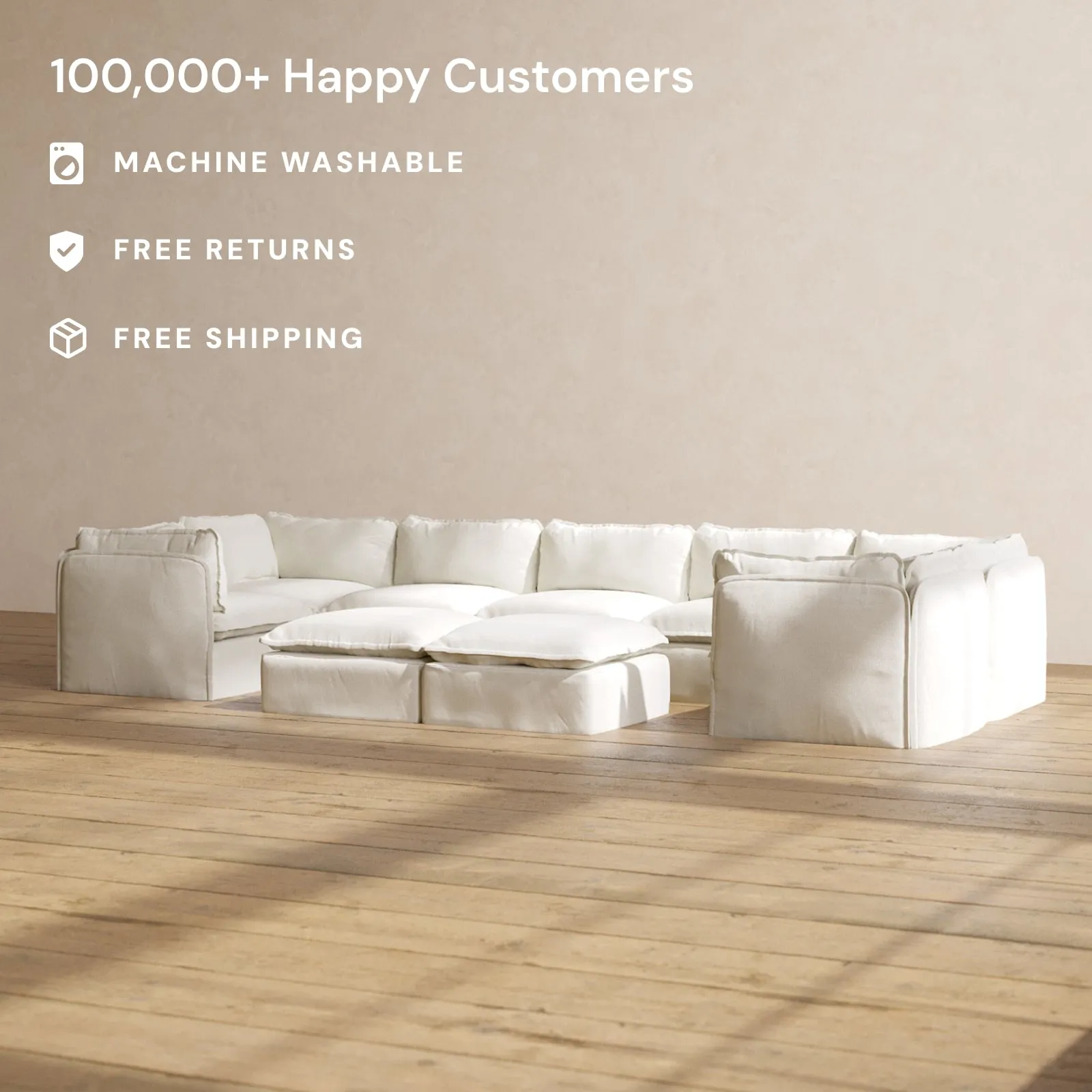 Modular Performance 7-Seater U-Sectional   Bench Ottoman in Eggshell | Deluxe Blend