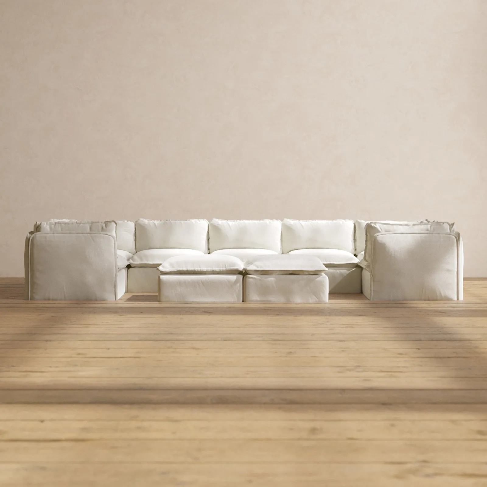 Modular Performance 7-Seater U-Sectional   Bench Ottoman in Eggshell | Deluxe Blend