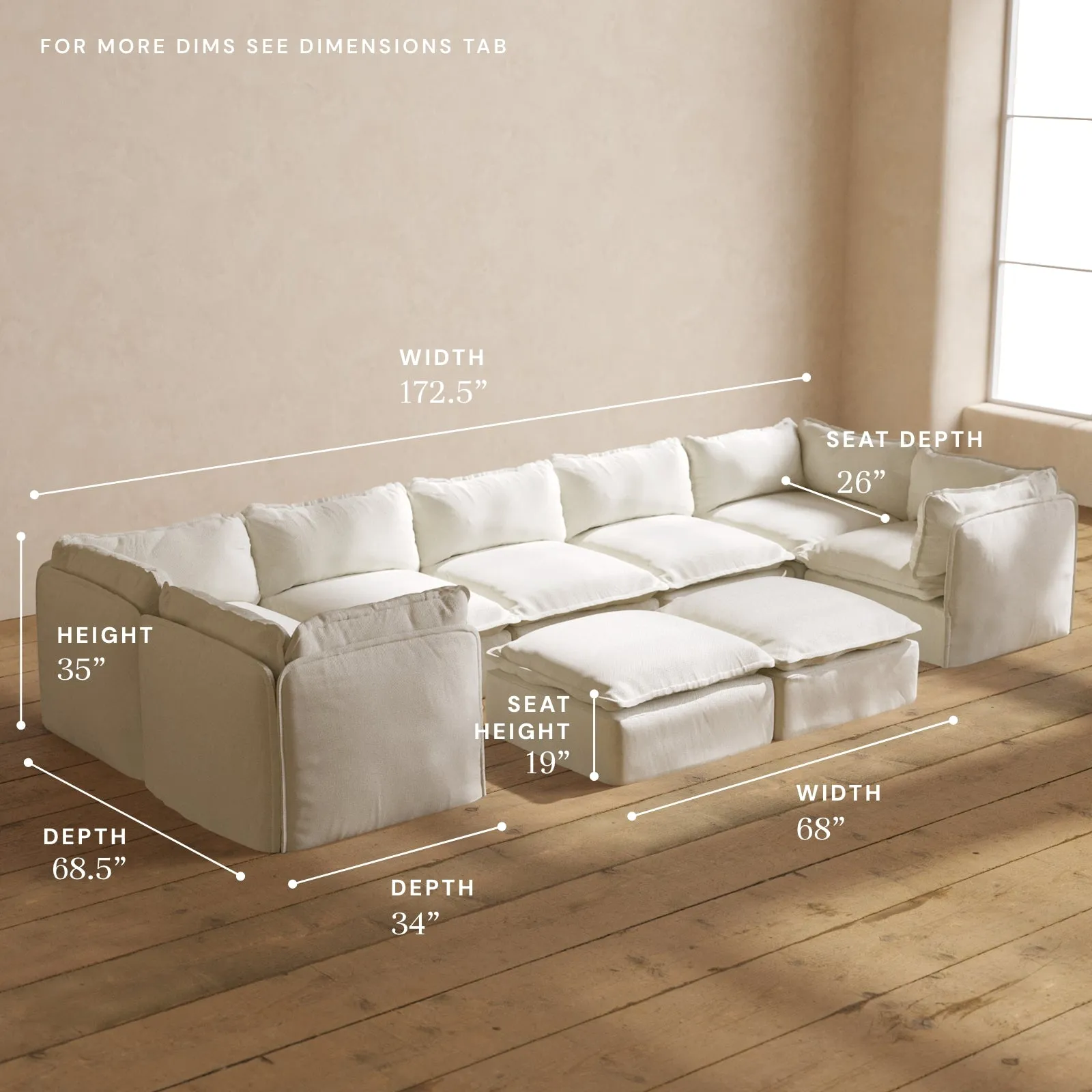 Modular Performance 7-Seater U-Sectional   Bench Ottoman in Eggshell | Deluxe Blend