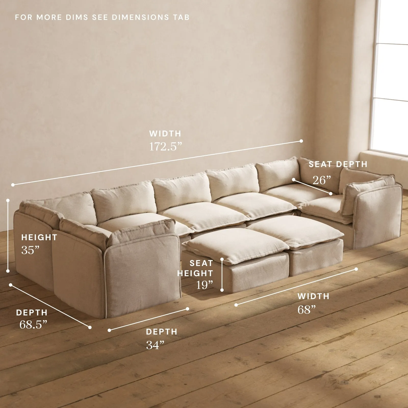 Modular Performance 7-Seater U-Sectional   Bench Ottoman in Oat | Relaxed Blend