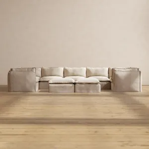 Modular Performance 7-Seater U-Sectional   Bench Ottoman in Oat | Relaxed Blend