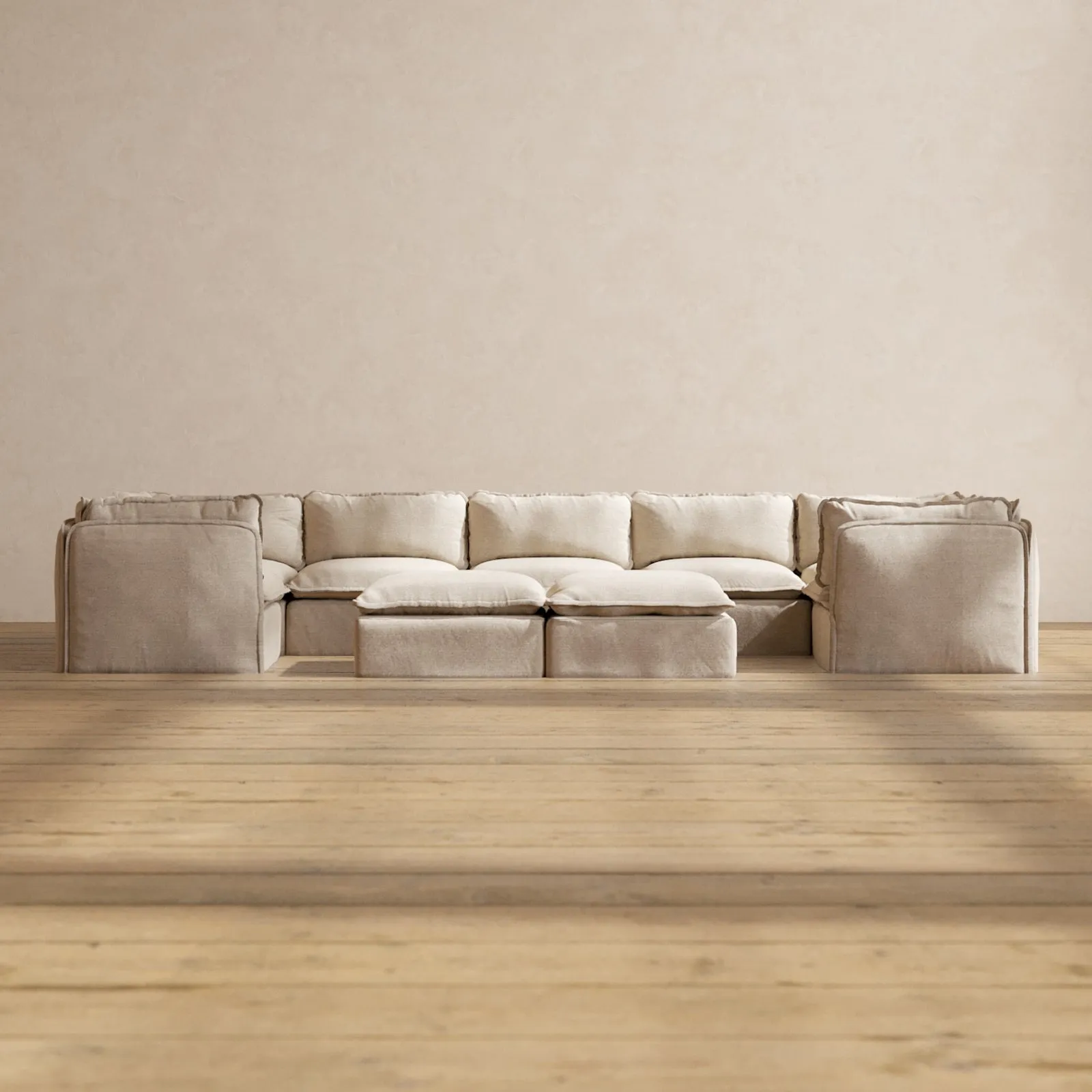 Modular Performance 7-Seater U-Sectional   Bench Ottoman in Oat | Relaxed Blend
