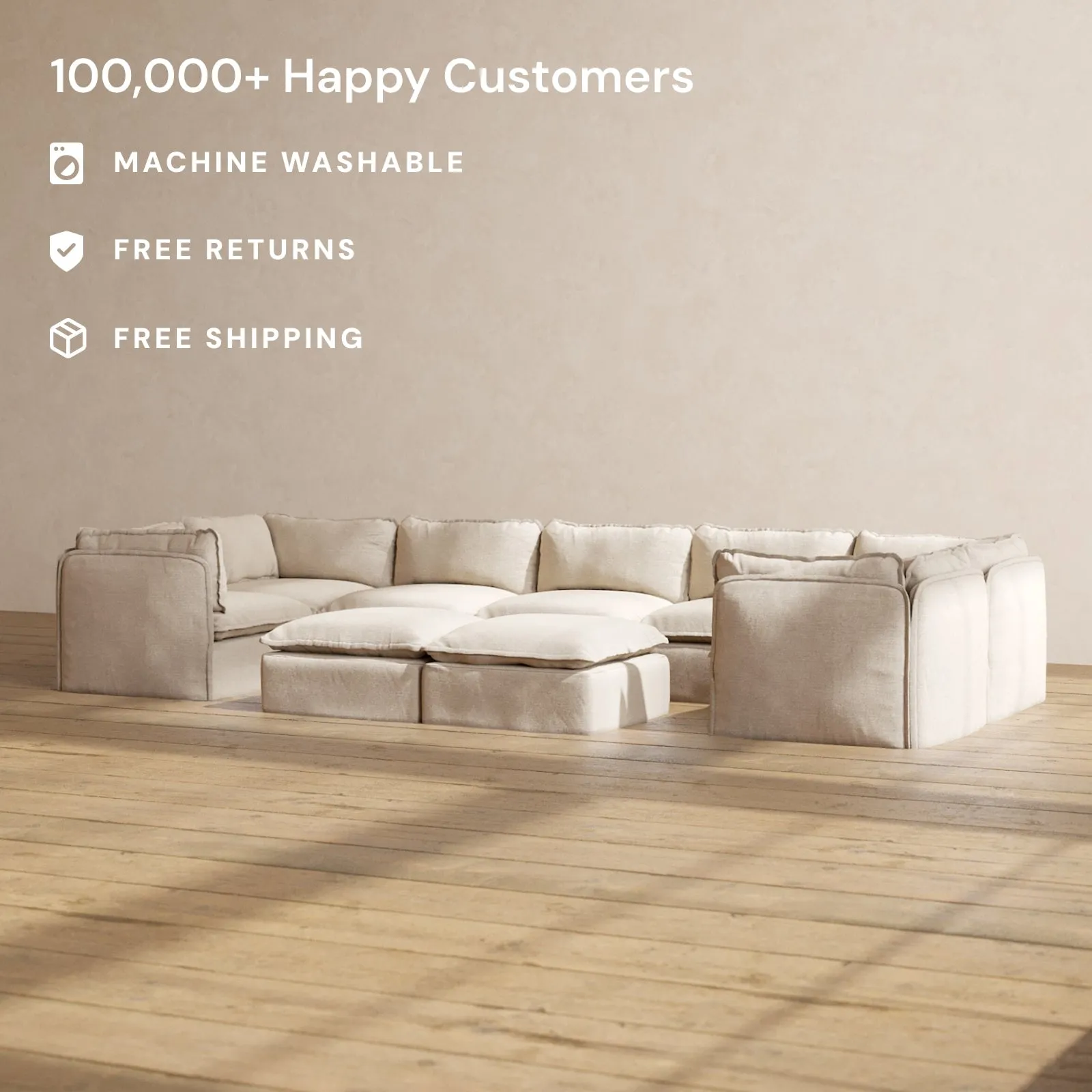 Modular Performance 7-Seater U-Sectional   Bench Ottoman in Oat | Relaxed Blend