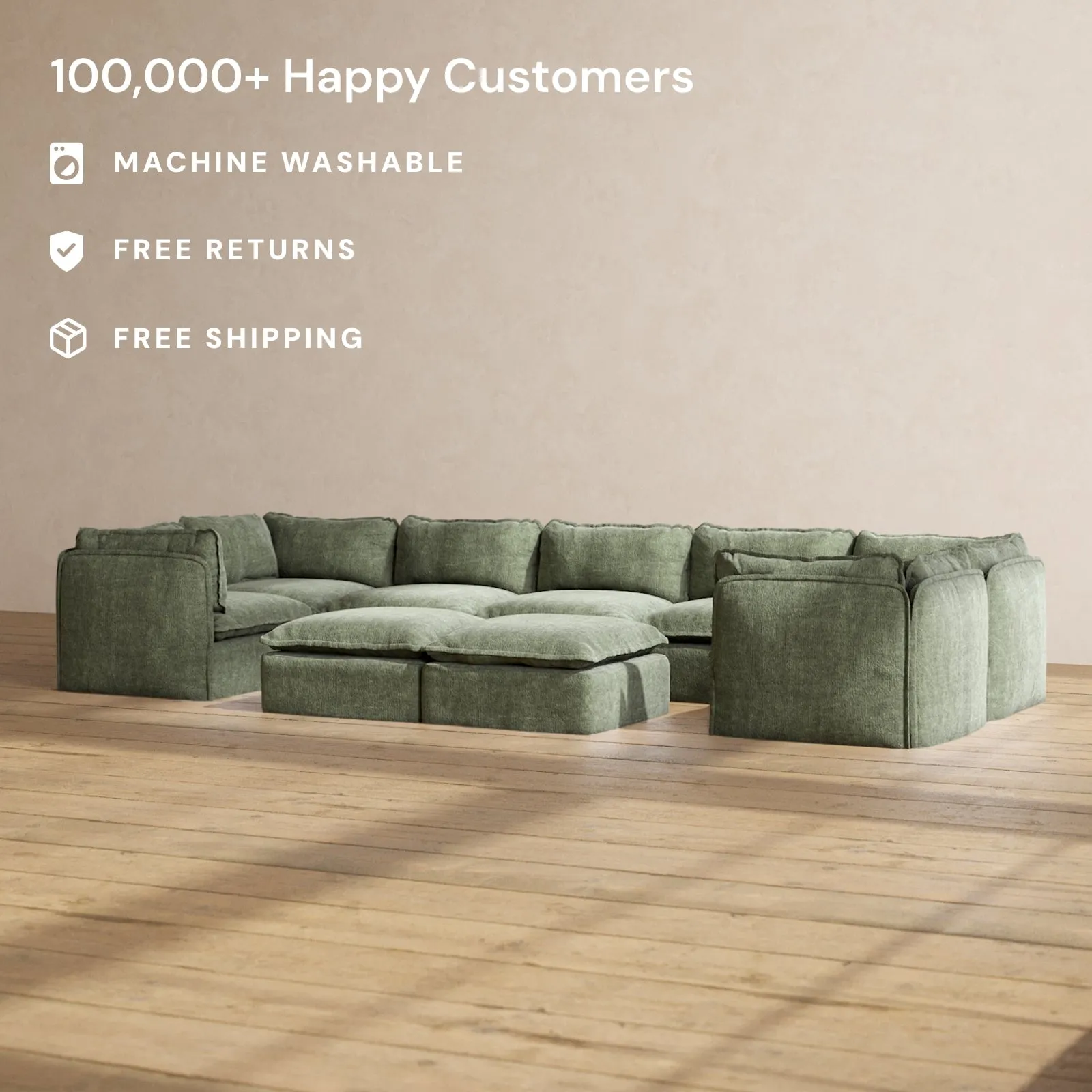 Modular Performance 7-Seater U-Sectional   Bench Ottoman in Willow | Deluxe Blend