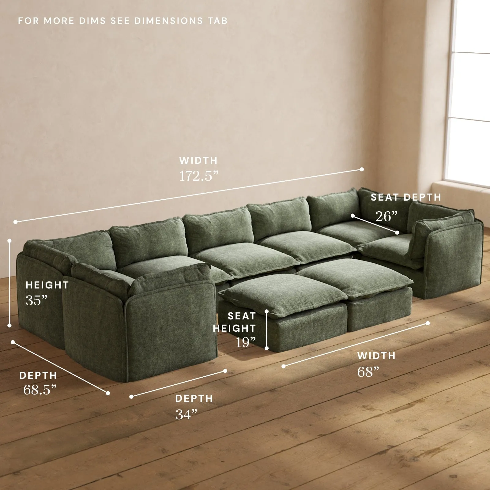 Modular Performance 7-Seater U-Sectional   Bench Ottoman in Willow | Deluxe Blend