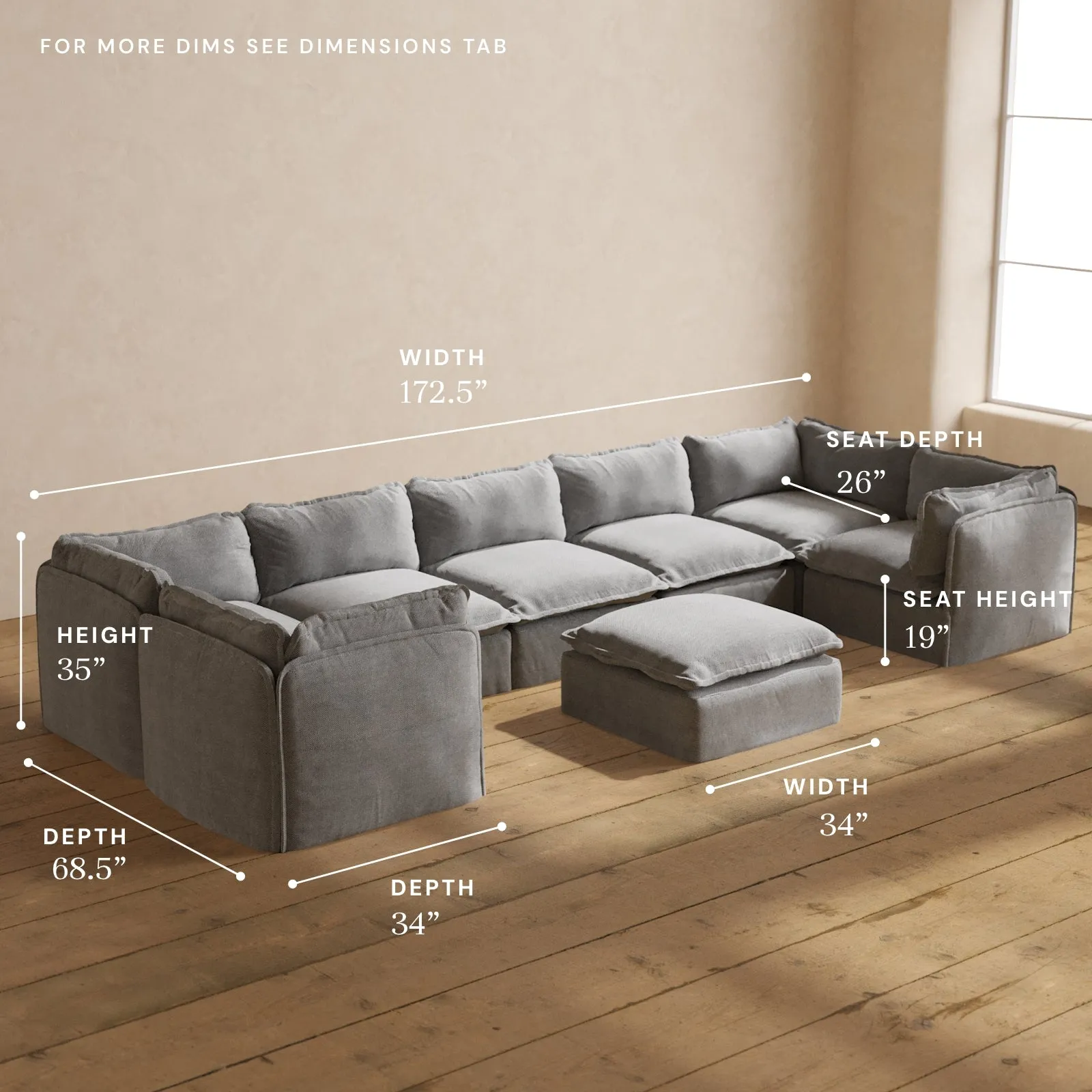 Modular Performance 7-Seater U-Sectional   Ottoman in Ash | Deluxe Blend