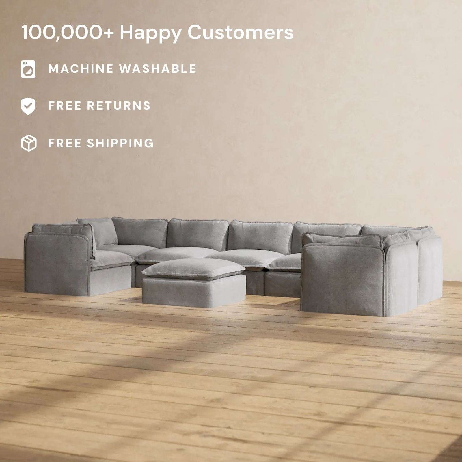 Modular Performance 7-Seater U-Sectional   Ottoman in Ash | Deluxe Blend