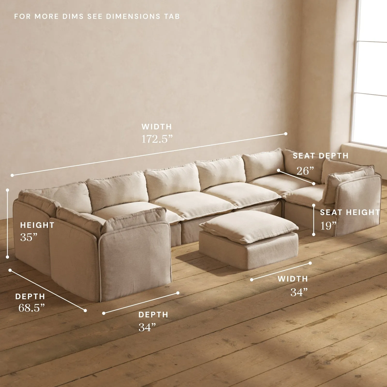 Modular Performance 7-Seater U-Sectional   Ottoman in Oat | Deluxe Blend