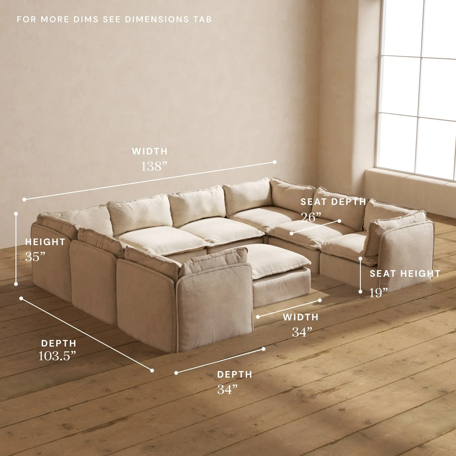 Modular Performance 8-Seater U-Sectional   Ottoman in Oat | Deluxe Blend