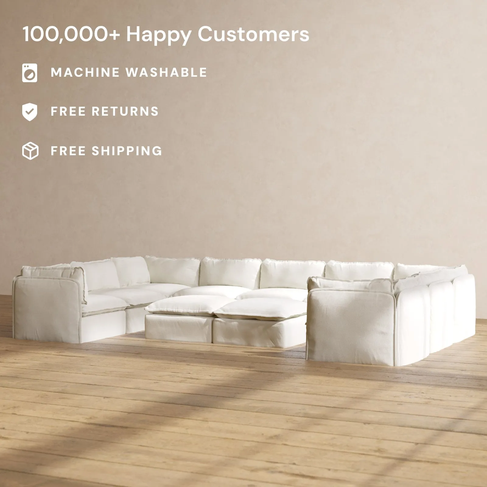 Modular Performance 9-Seater U-Sectional   Bench Ottoman in Eggshell | Deluxe Blend