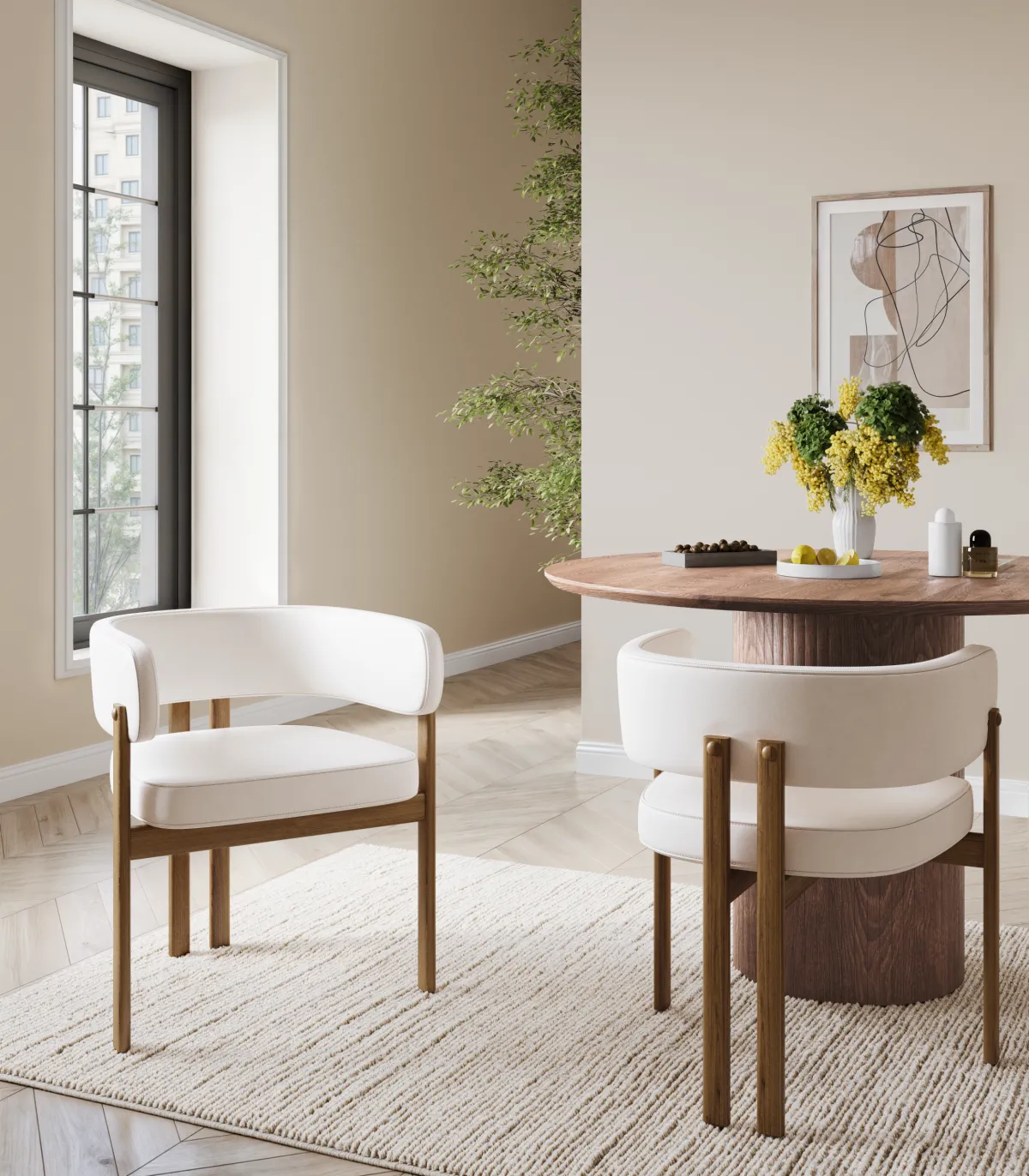 Rhett Dining Chair - Cream/Walnut - Set of Two