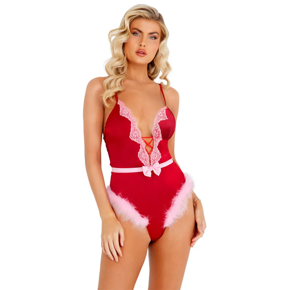 Roma Satin & Lace Thong Teddy With Marabou Trim