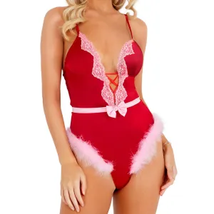 Roma Satin & Lace Thong Teddy With Marabou Trim