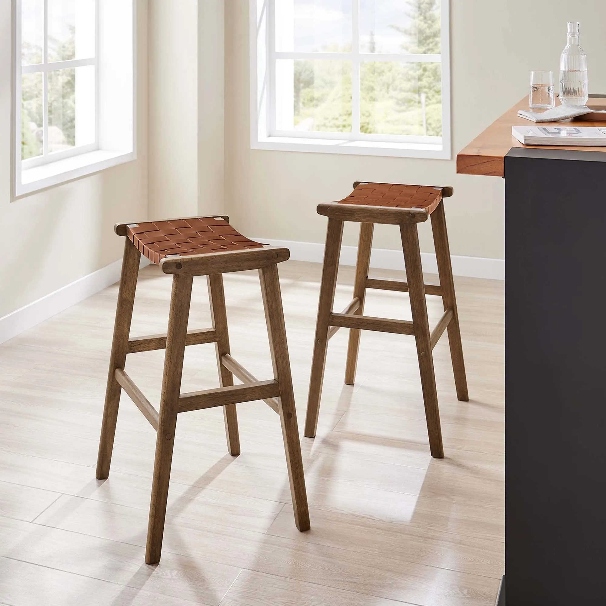 Saoirse Faux Leather Wood Bar Stool - Set of 2 by Modway